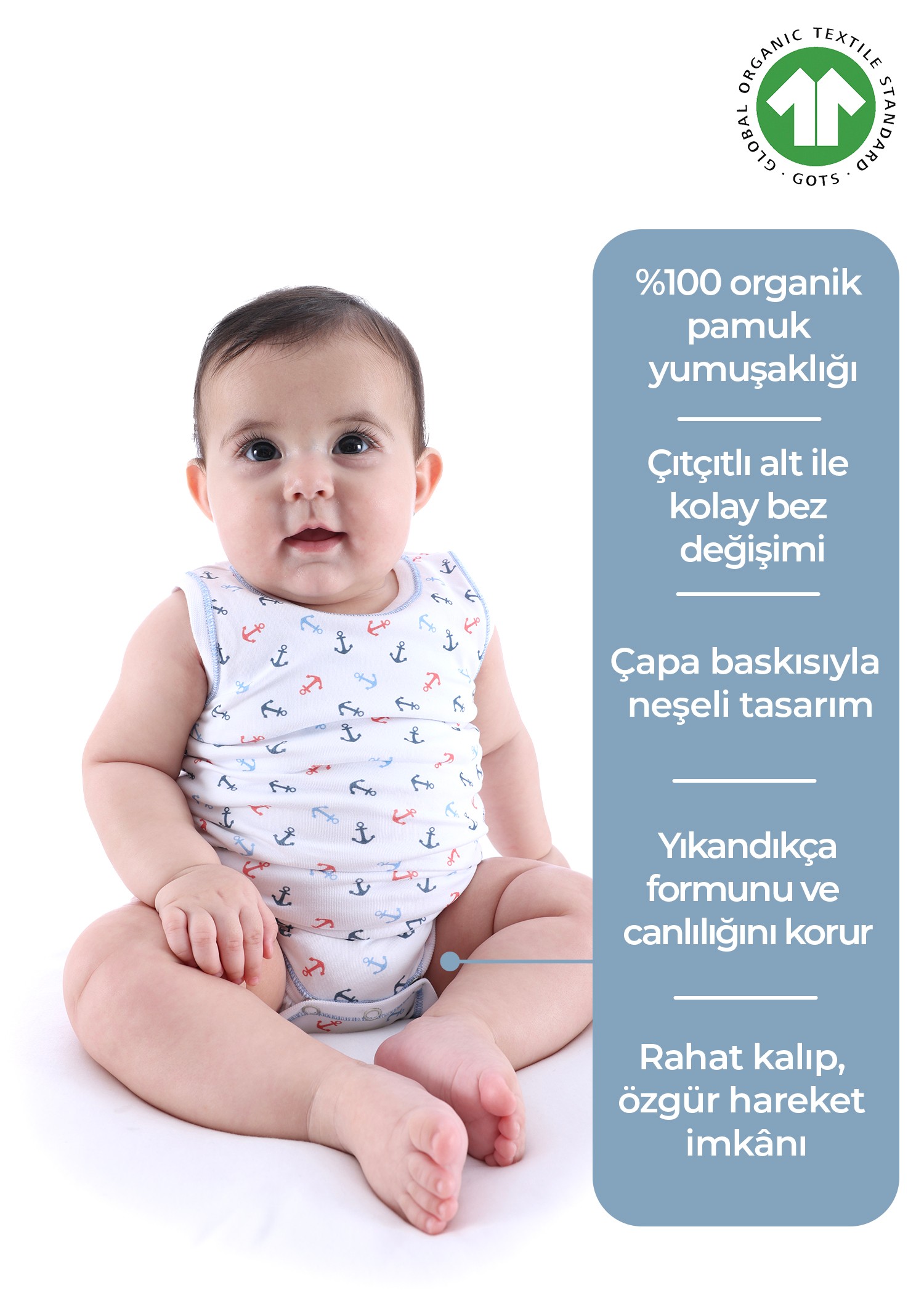 Organik Çapa Desenli Kolsuz Erkek Bebek Atlet Body