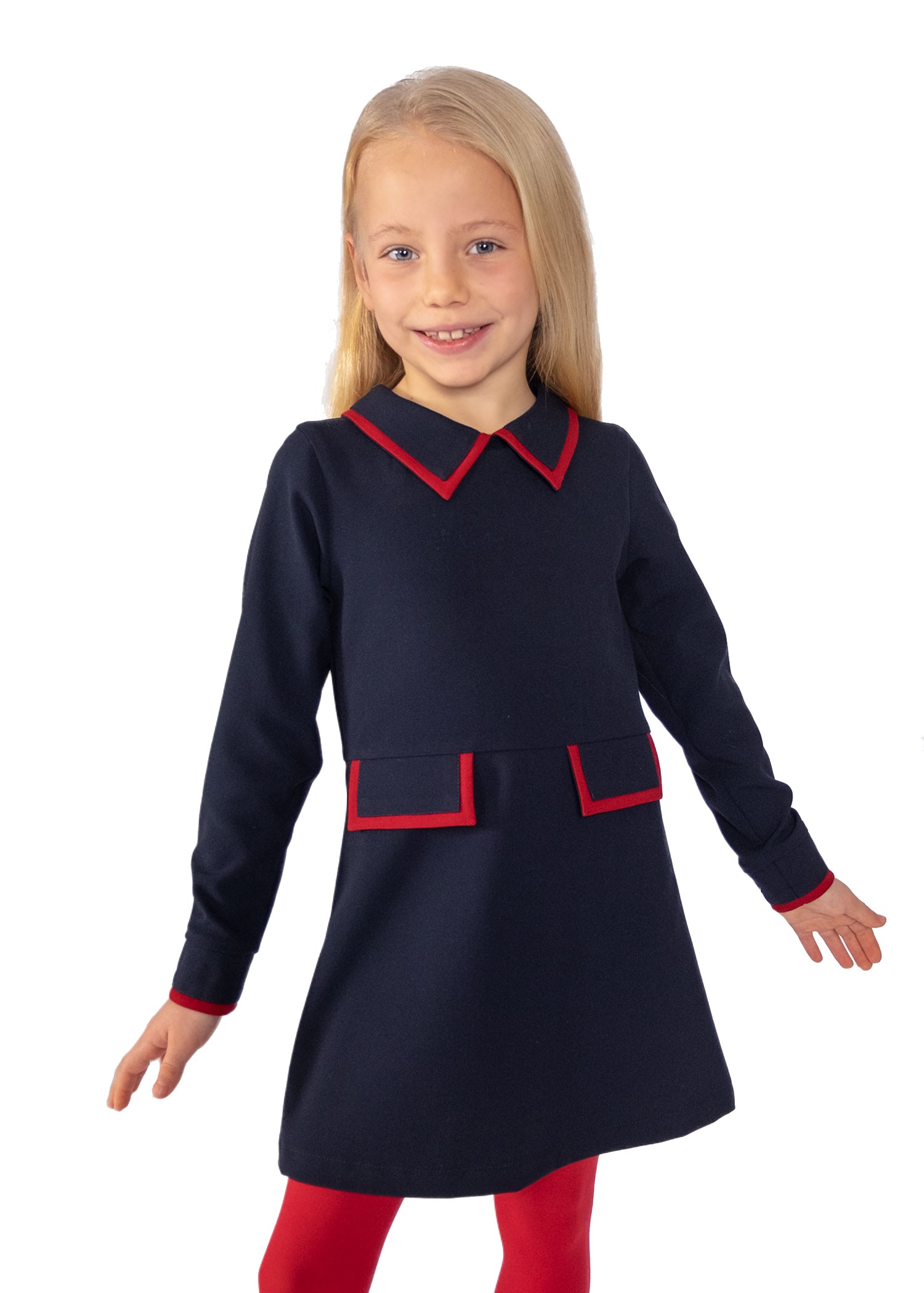 Red Piping Navy Blue Woven Winter Girl's Dress