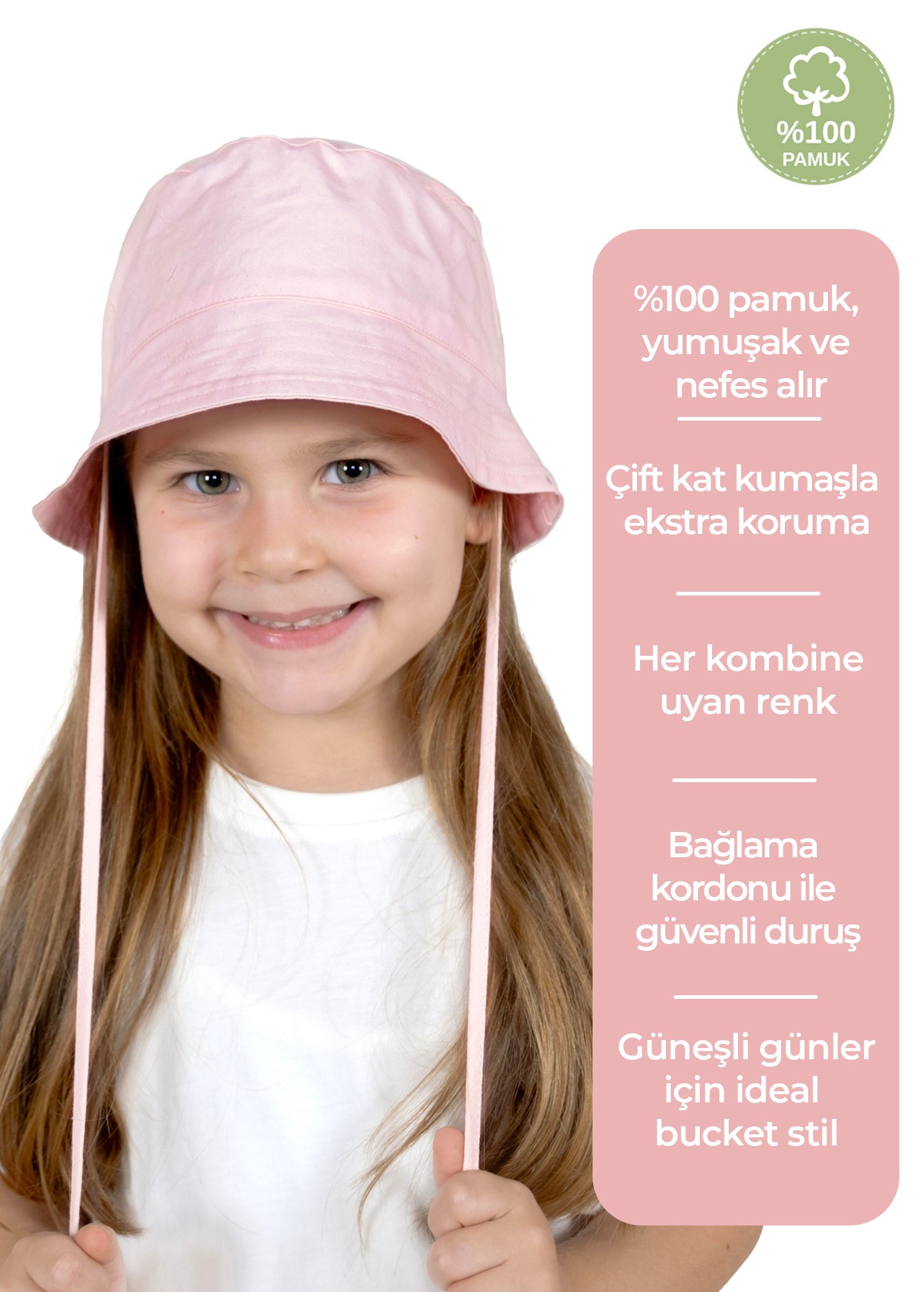 %100 Pamuk Pembe Yazlık Kız Çocuk Bucket Şapka