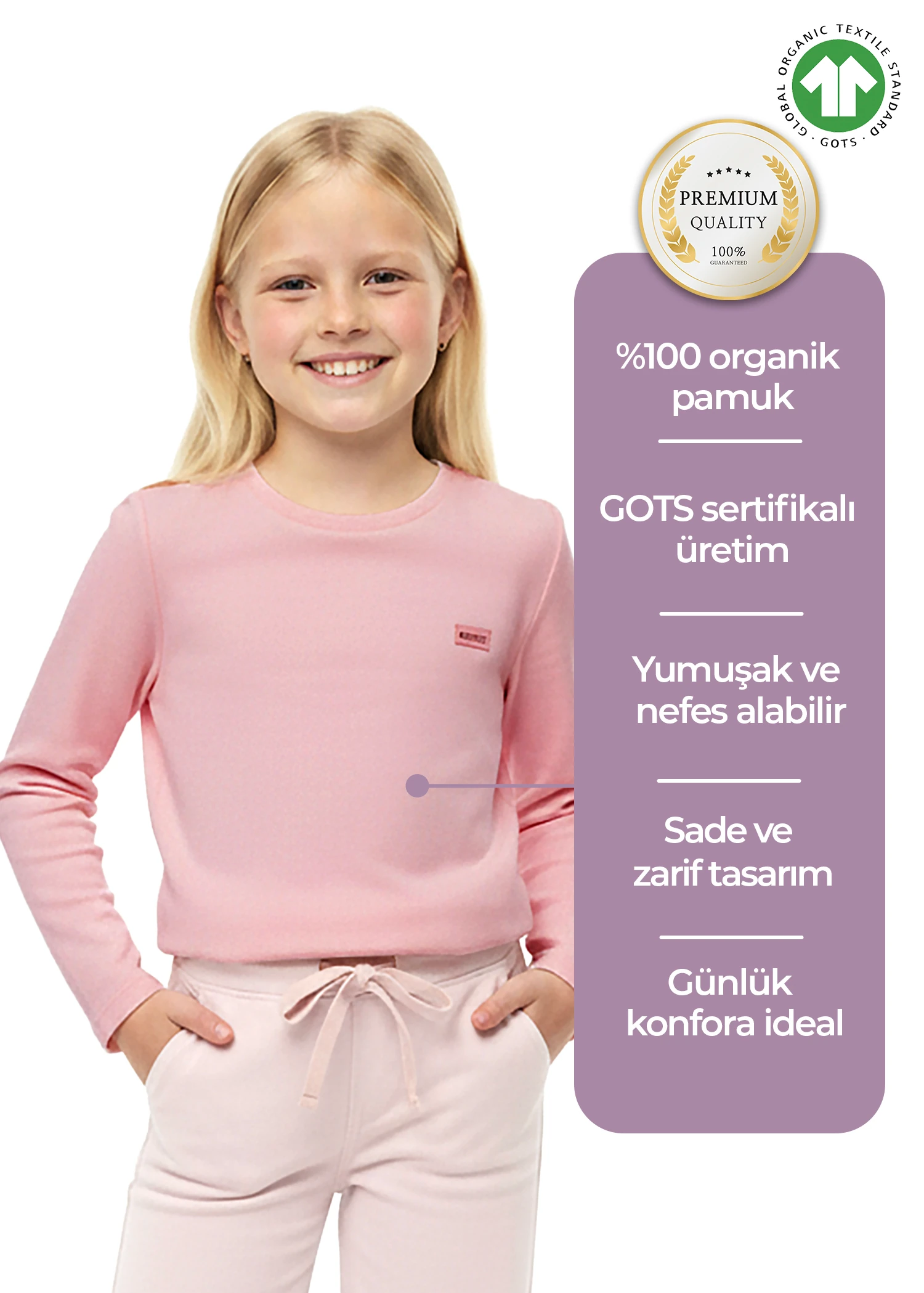 Organik Koyu Pembe Kışlık Kız Çocuk İnce Sweat