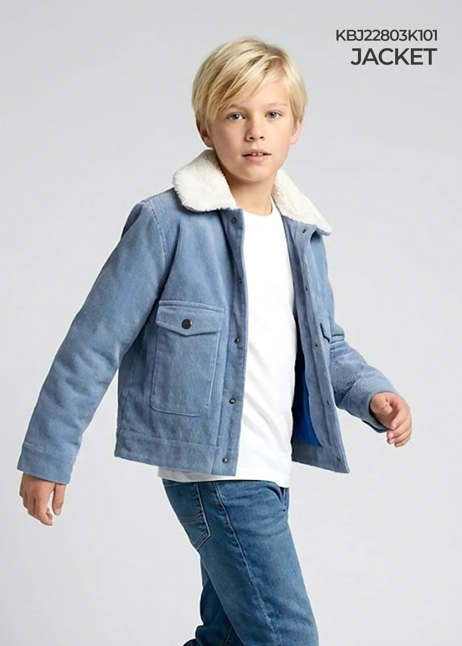 Corduroy Light Blue Sport-Cut Winter Jacket for Boys