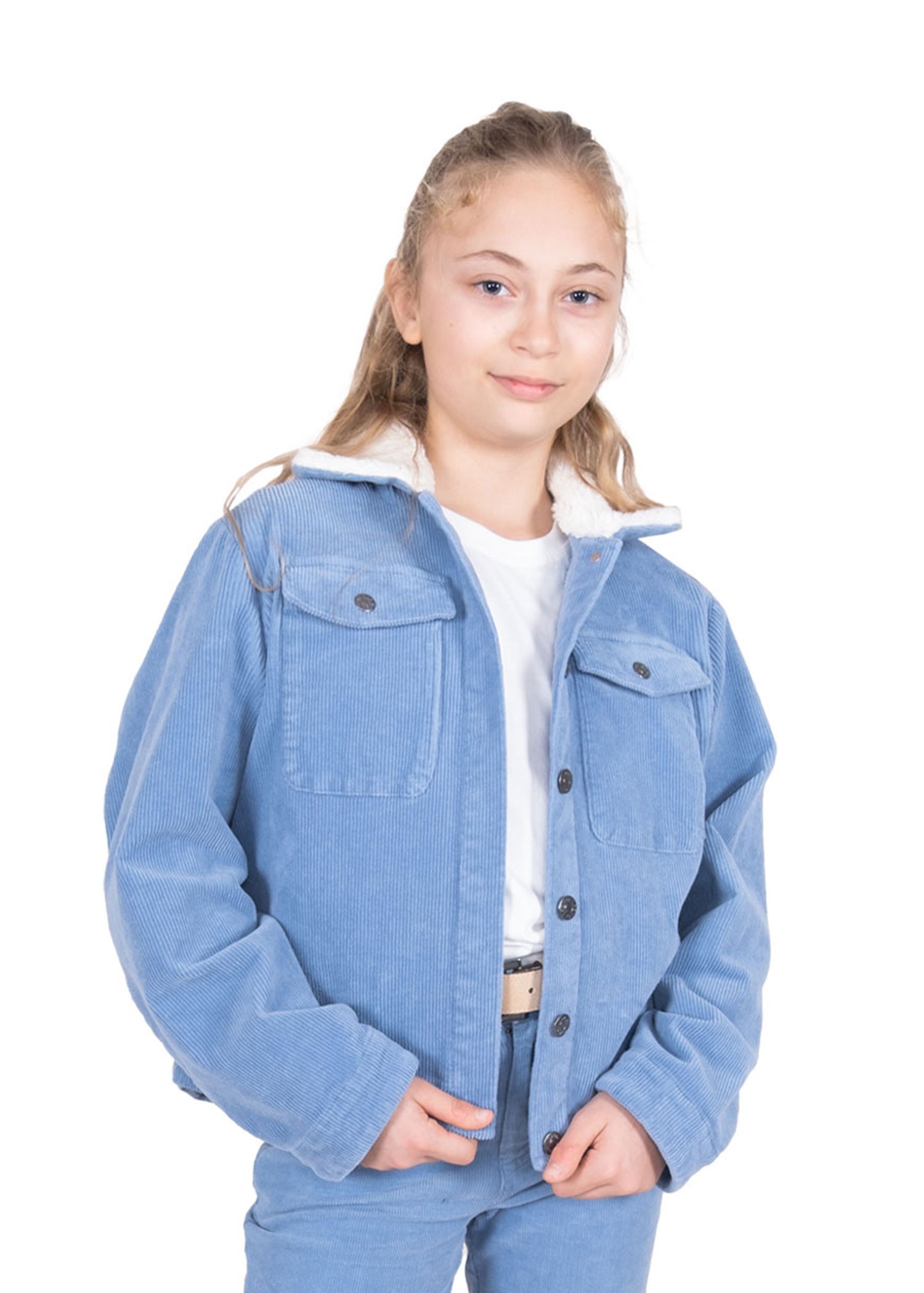 Cotton Corduroy Sports Cut Plush Collar Light Blue Winter Girls' Coat