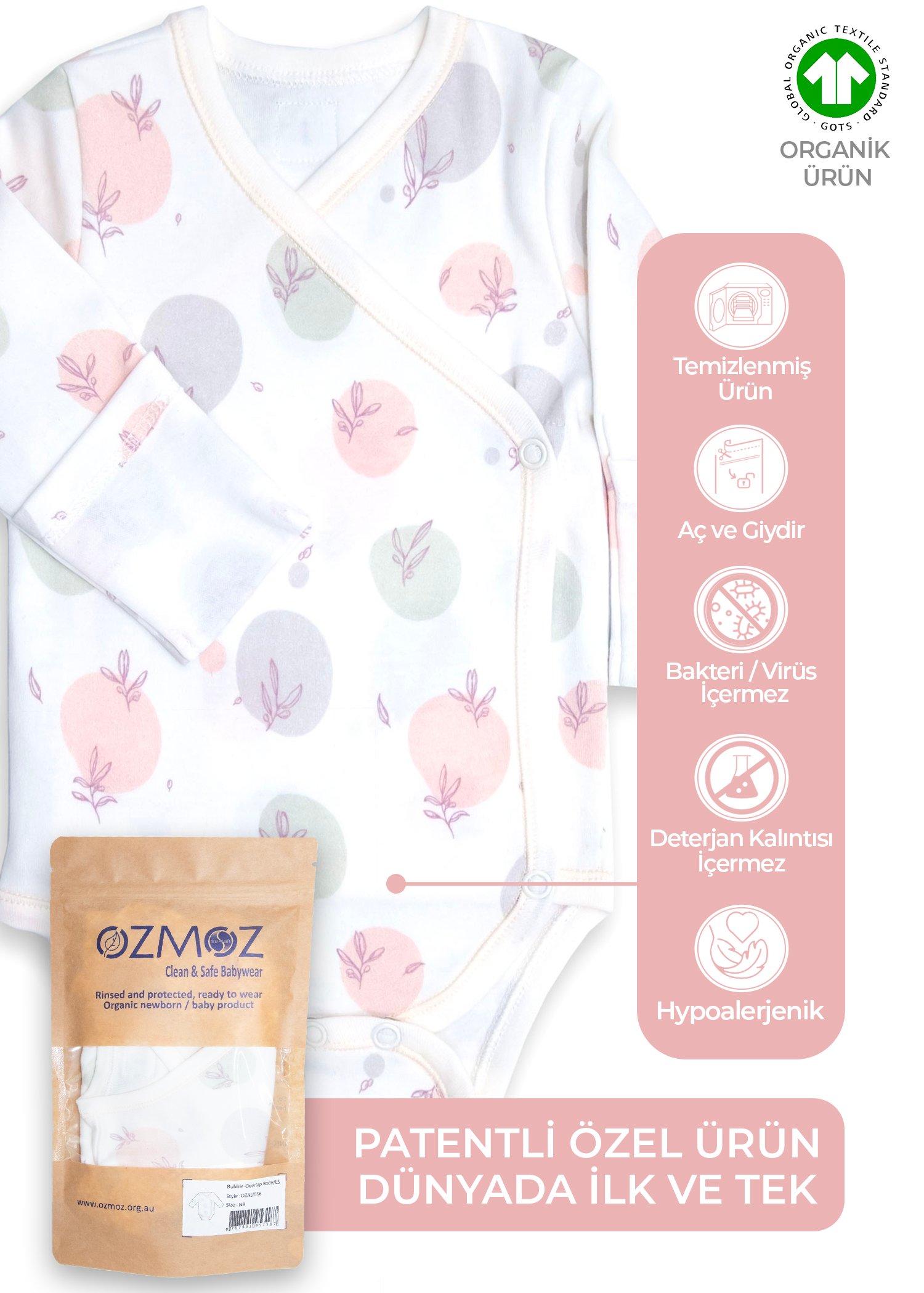 Clean&Safe Organik Steril Temizlenmiş Unisex Bebek Kruvaze Body