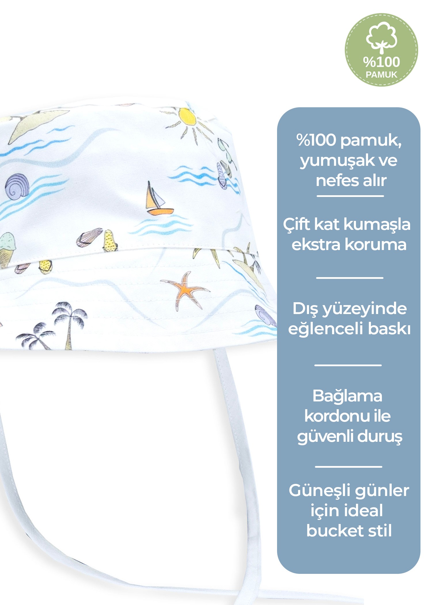 %100 Pamuk Deniz Temalı Beyaz Yazlık Unisex Çocuk Bucket Şapka