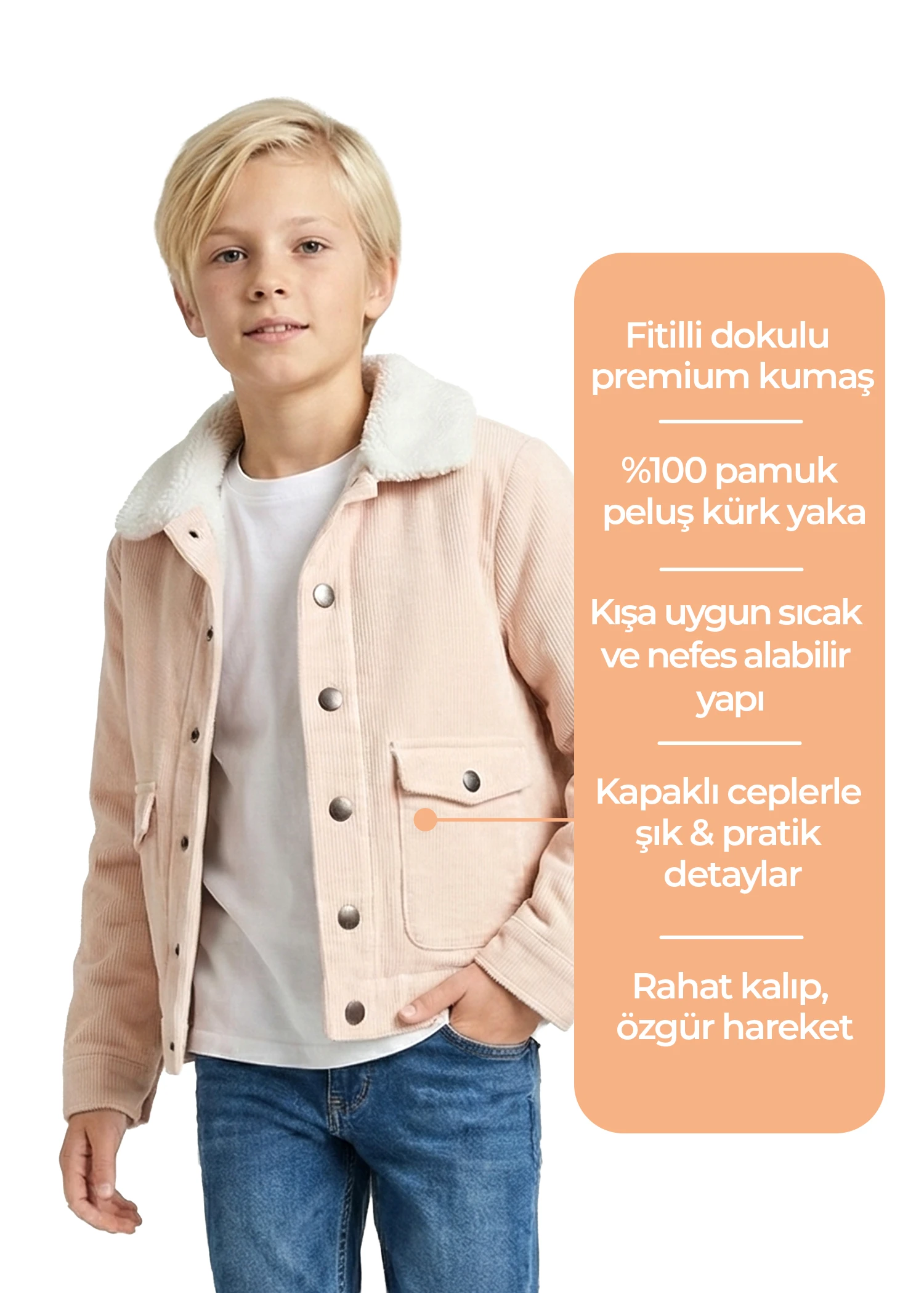 Fitilli Kadife Krem Spor Kesim Kışlık Erkek Çocuk Ceket