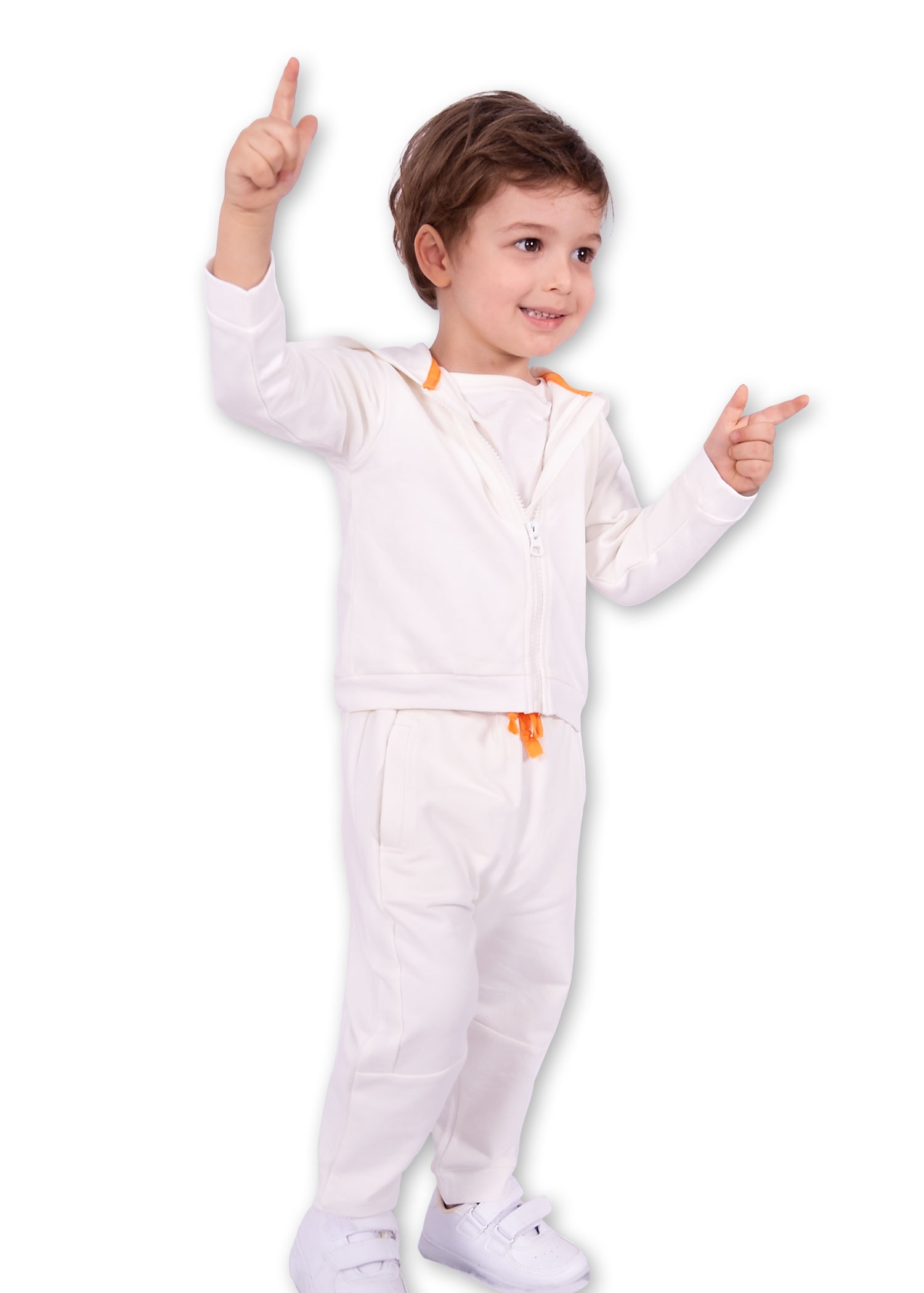 Hooded Zippered White Winter Little Boy Tracksuit Set