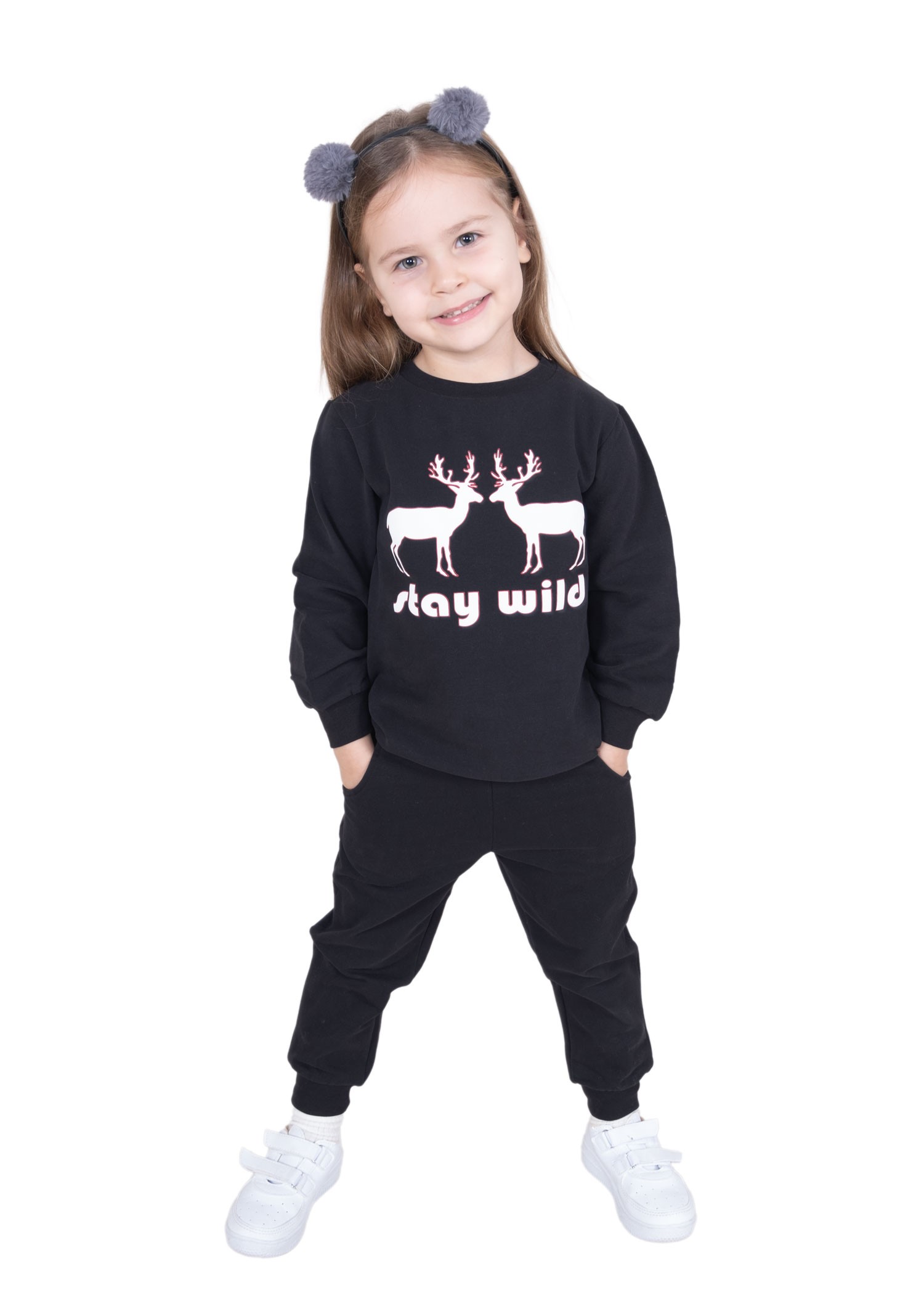 Deer Patterned Black Tiered Winter Unisex Little Kids Sweatpants