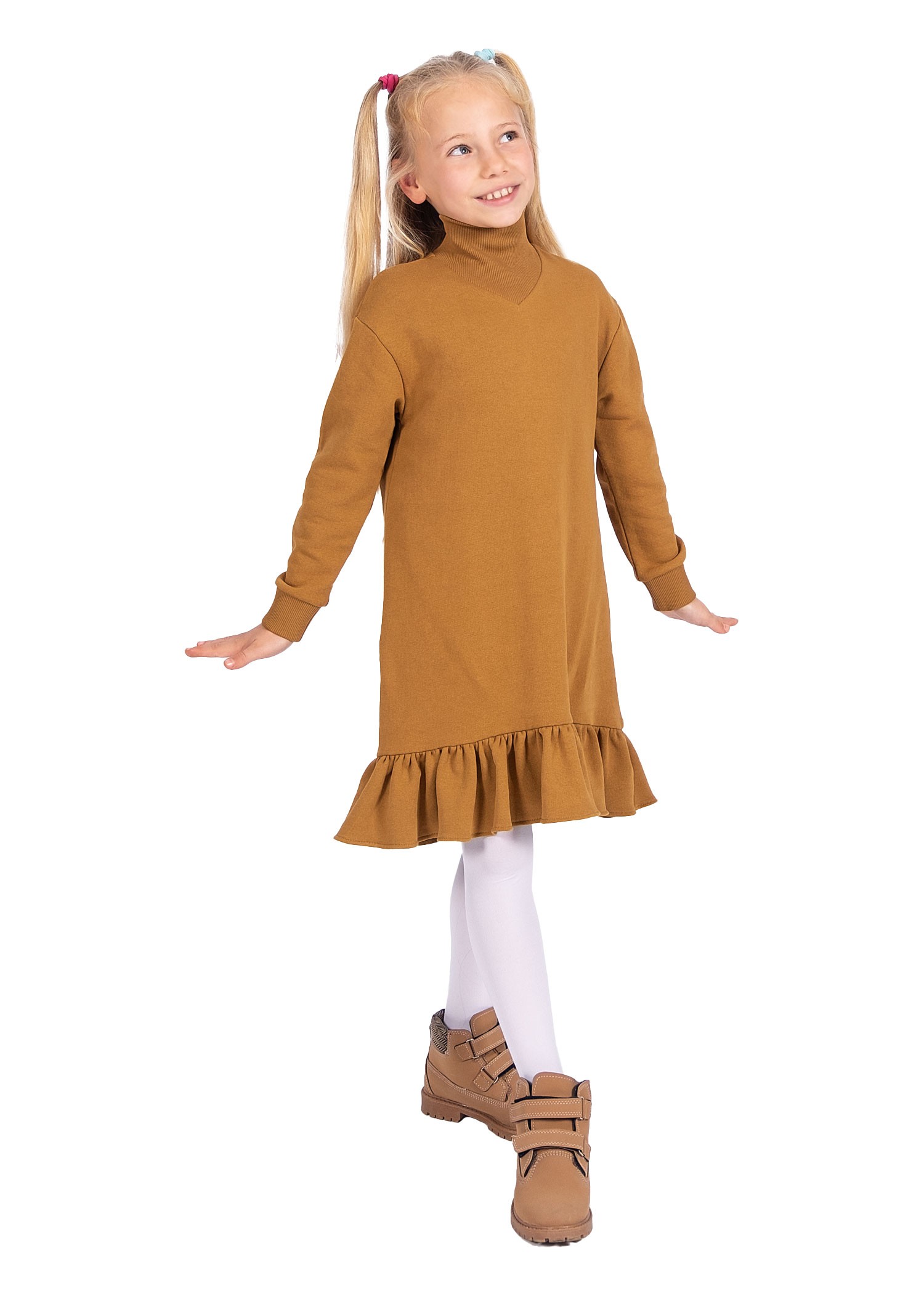 Light Brown Winter Girl's Dress with Ruffles Organic Skirt