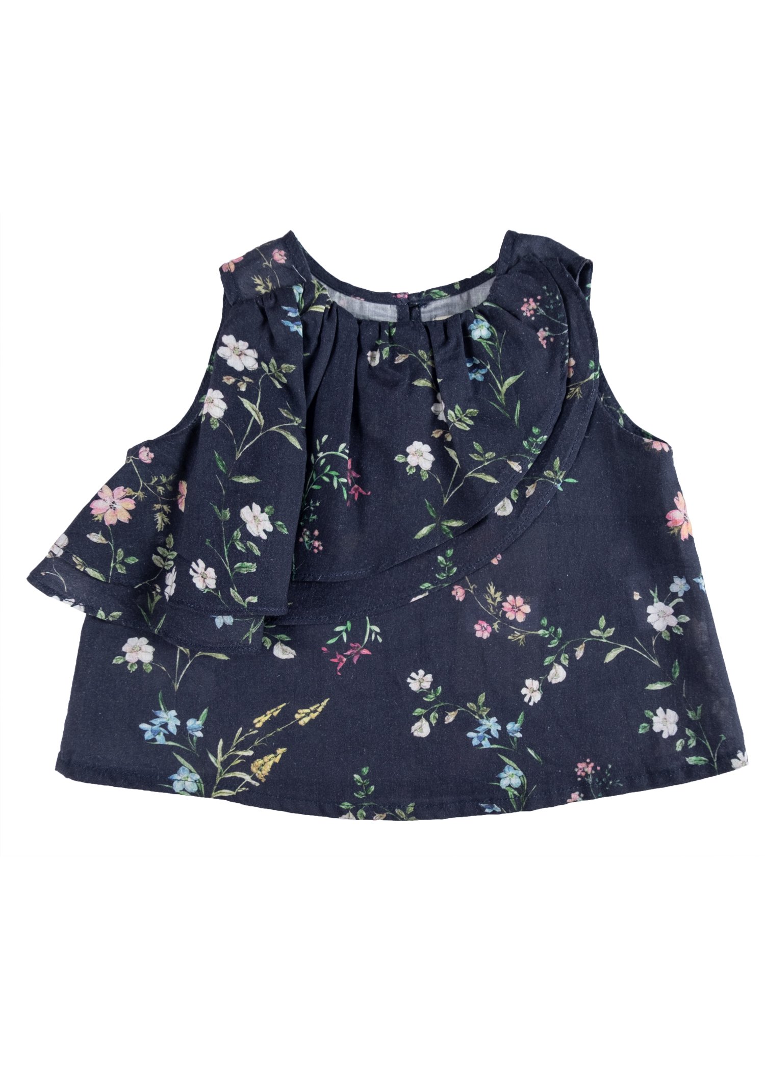 Organic Floral Flounce Navy Blue Summer Little Girl Blouse