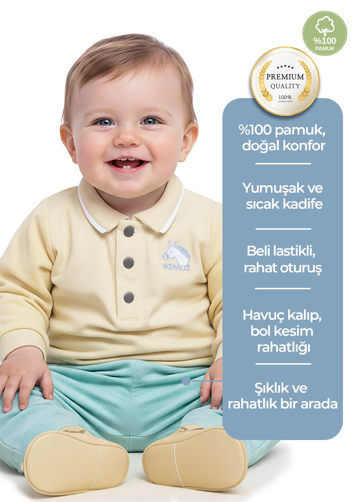 Kadife Beli Lastikli Turkuaz Kışlık Erkek Bebek Pantolon
