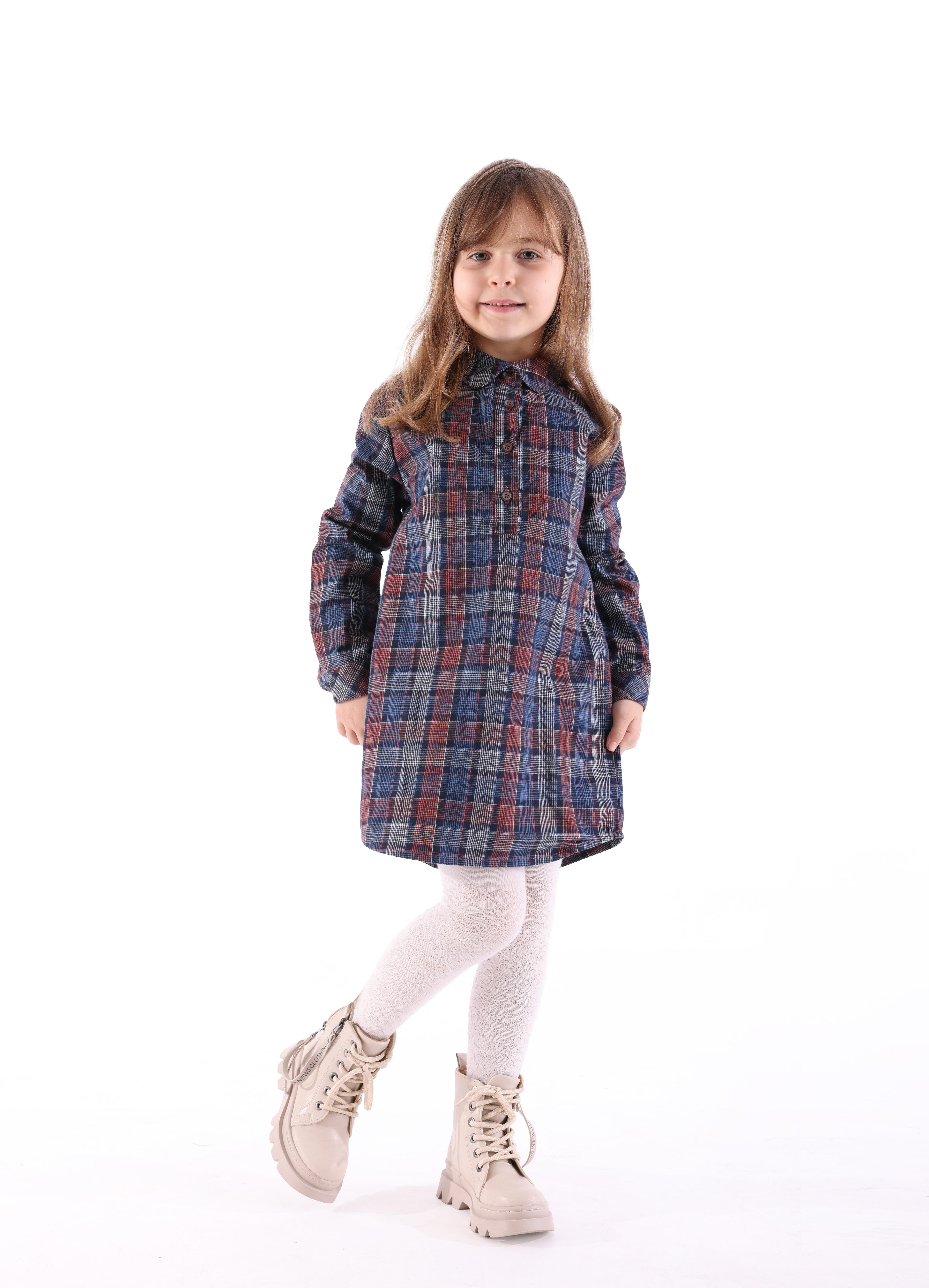 100% Cotton Plaid Navy Blue Winter Girls Shirt Dress