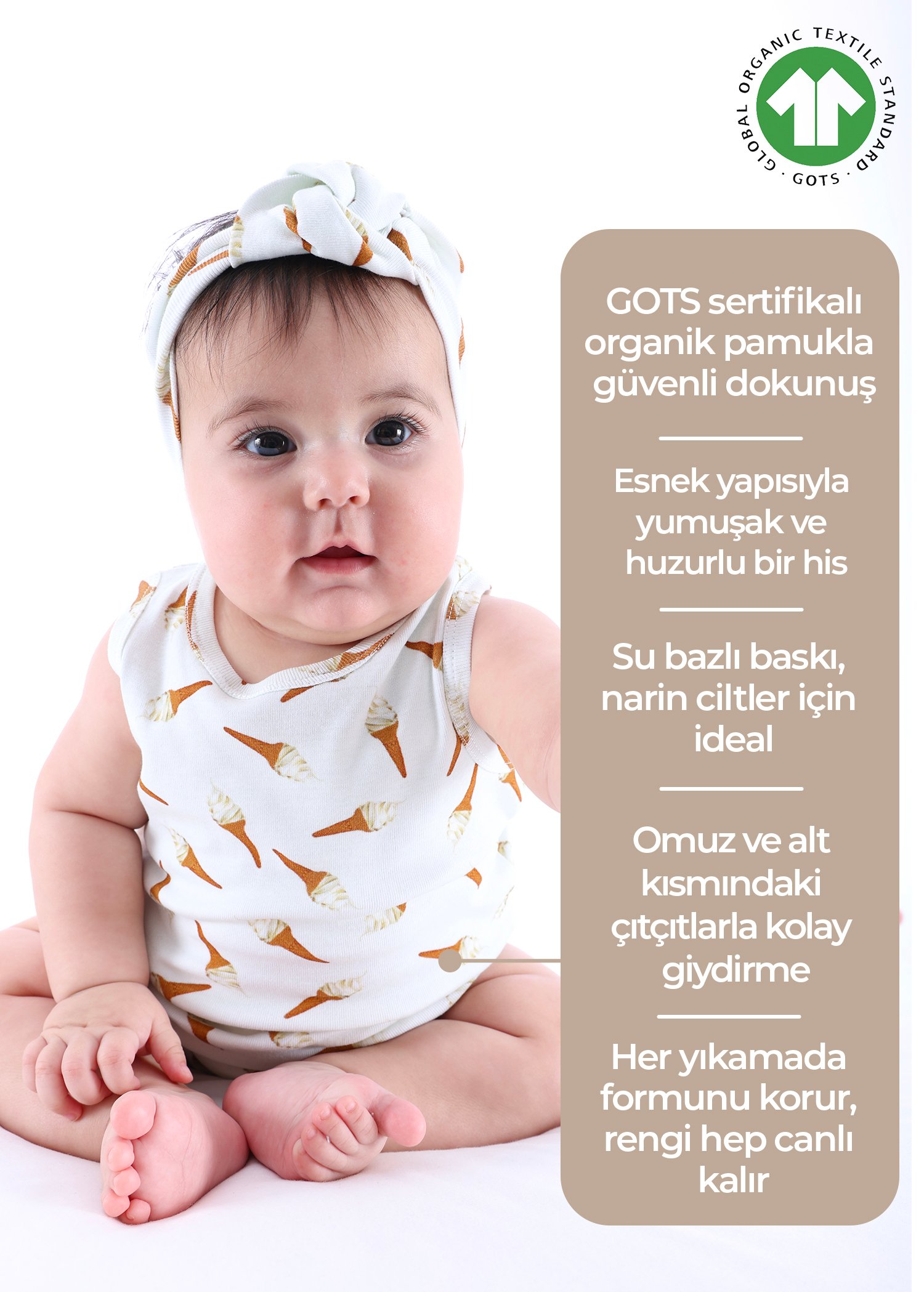 Organik Pamuk Kolsuz Ekru Dondurma Baskılı Kız Bebek Body