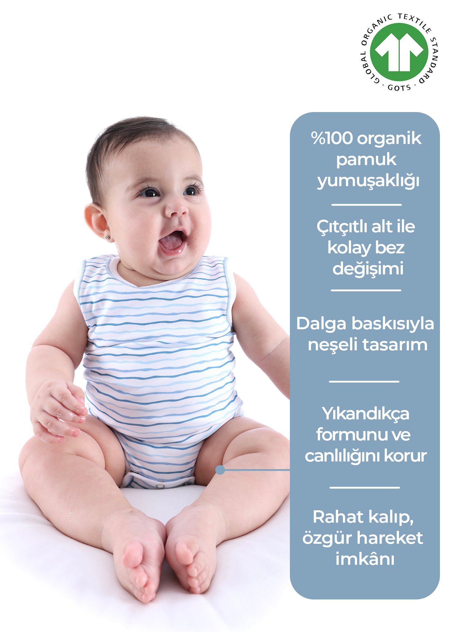 Organik Mavi Çizgili Kolsuz Erkek Bebek Atlet Body