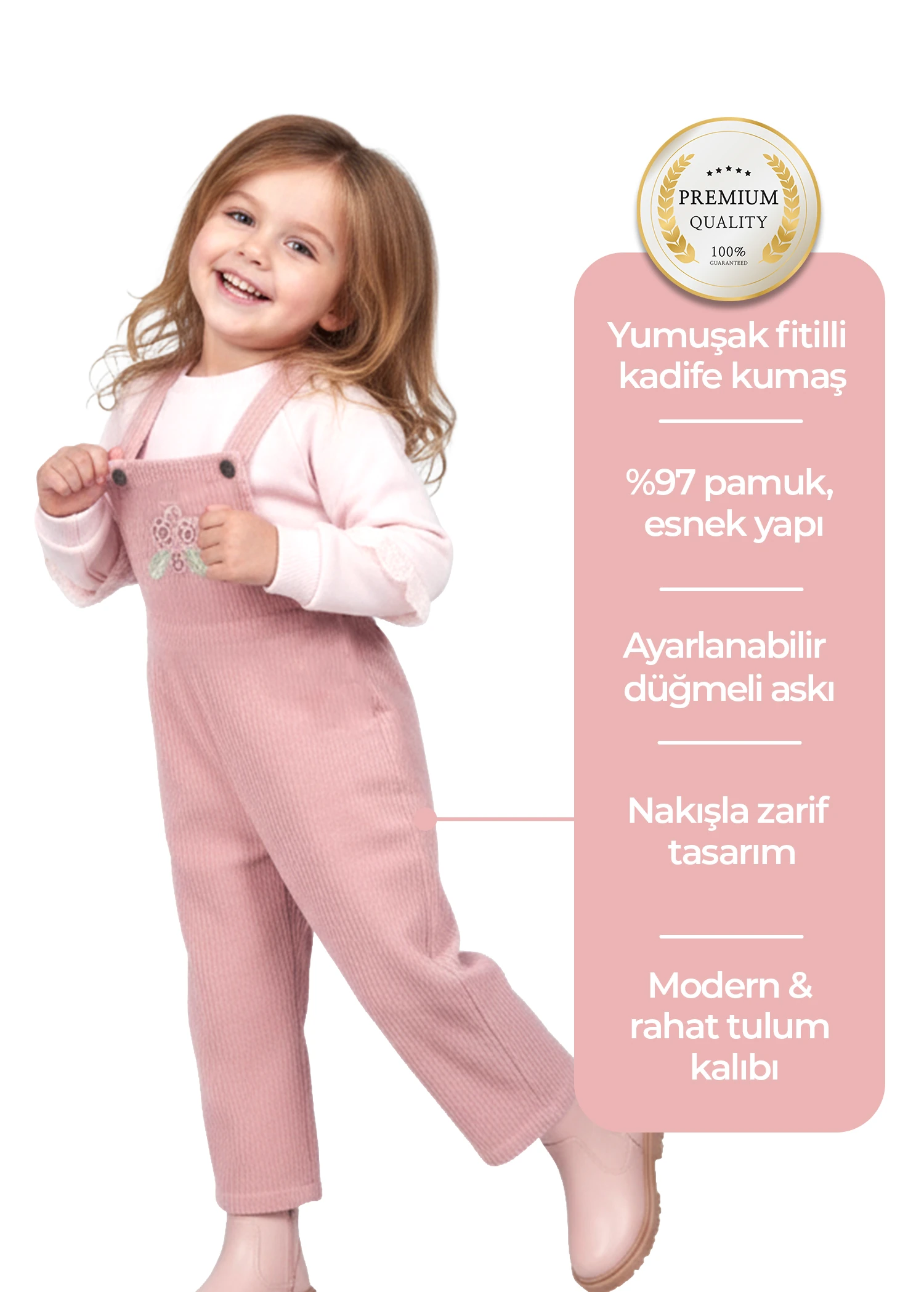 Kadife Askılı Nakışlı Gül Kurusu Kışlık Minik Kız Tulum