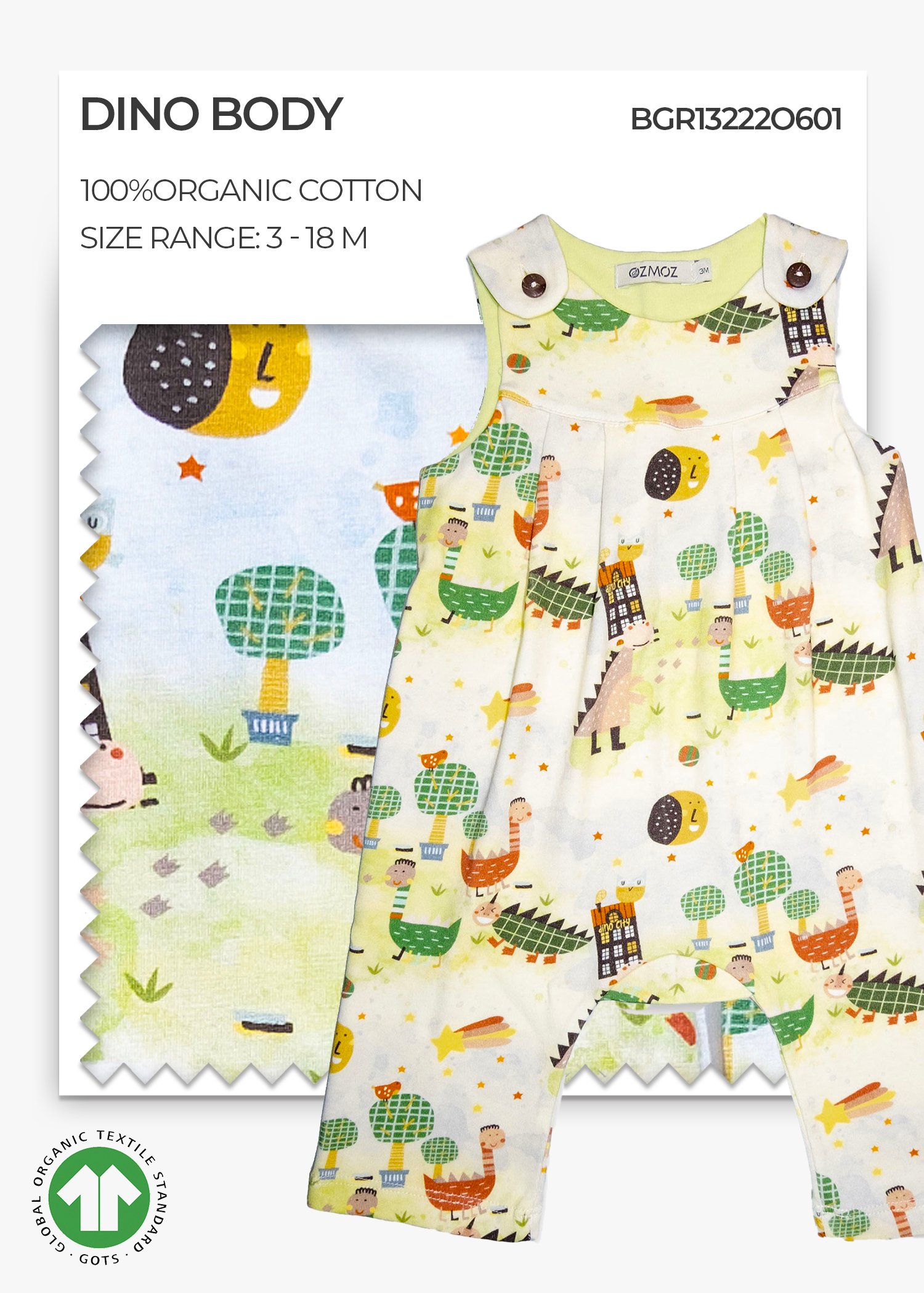 Organic Dino Printed Baby Girl Jumpsuit with Thick Straps