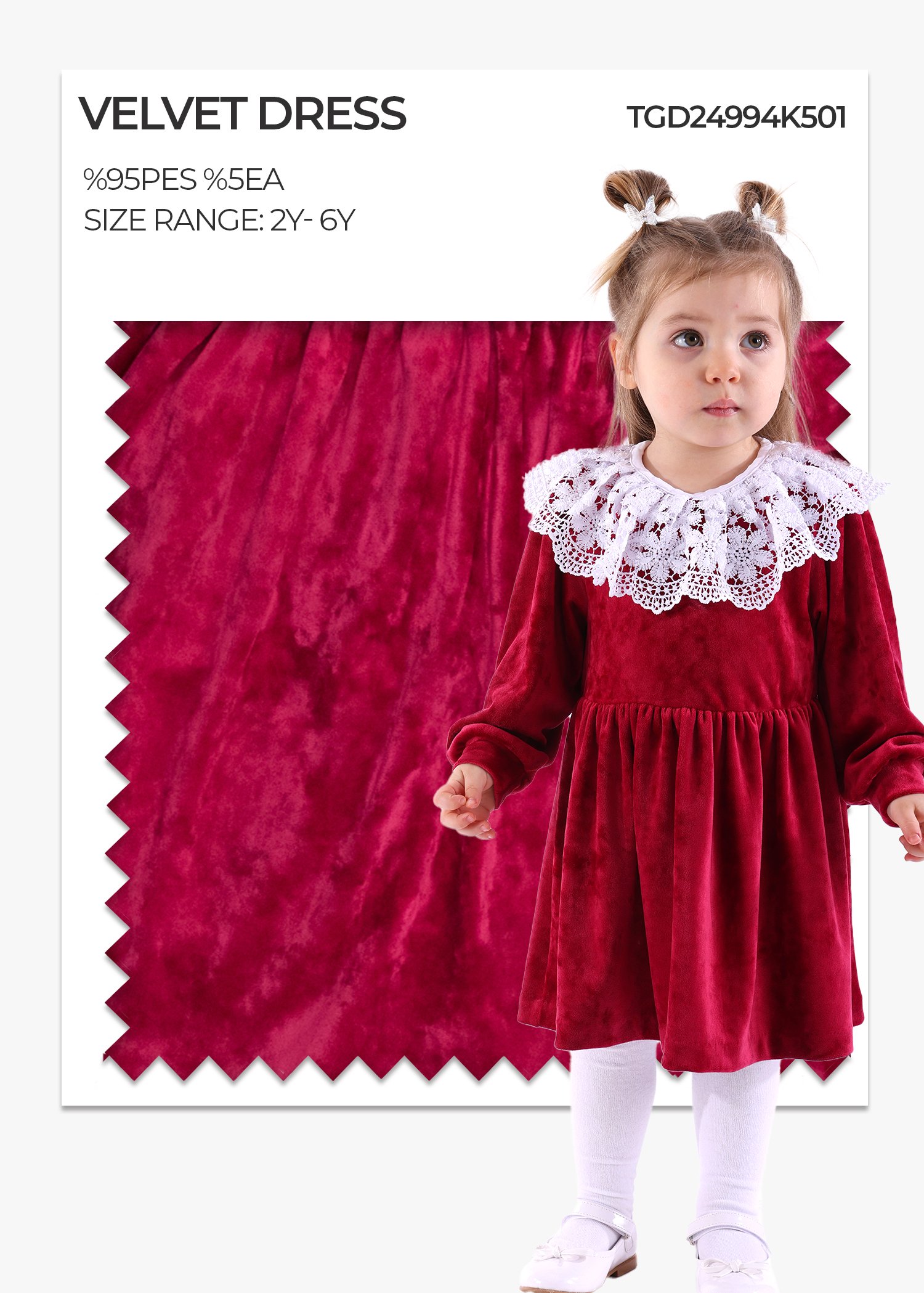Lace Collar Soft Burgundy Velvet Little Girl's Dress