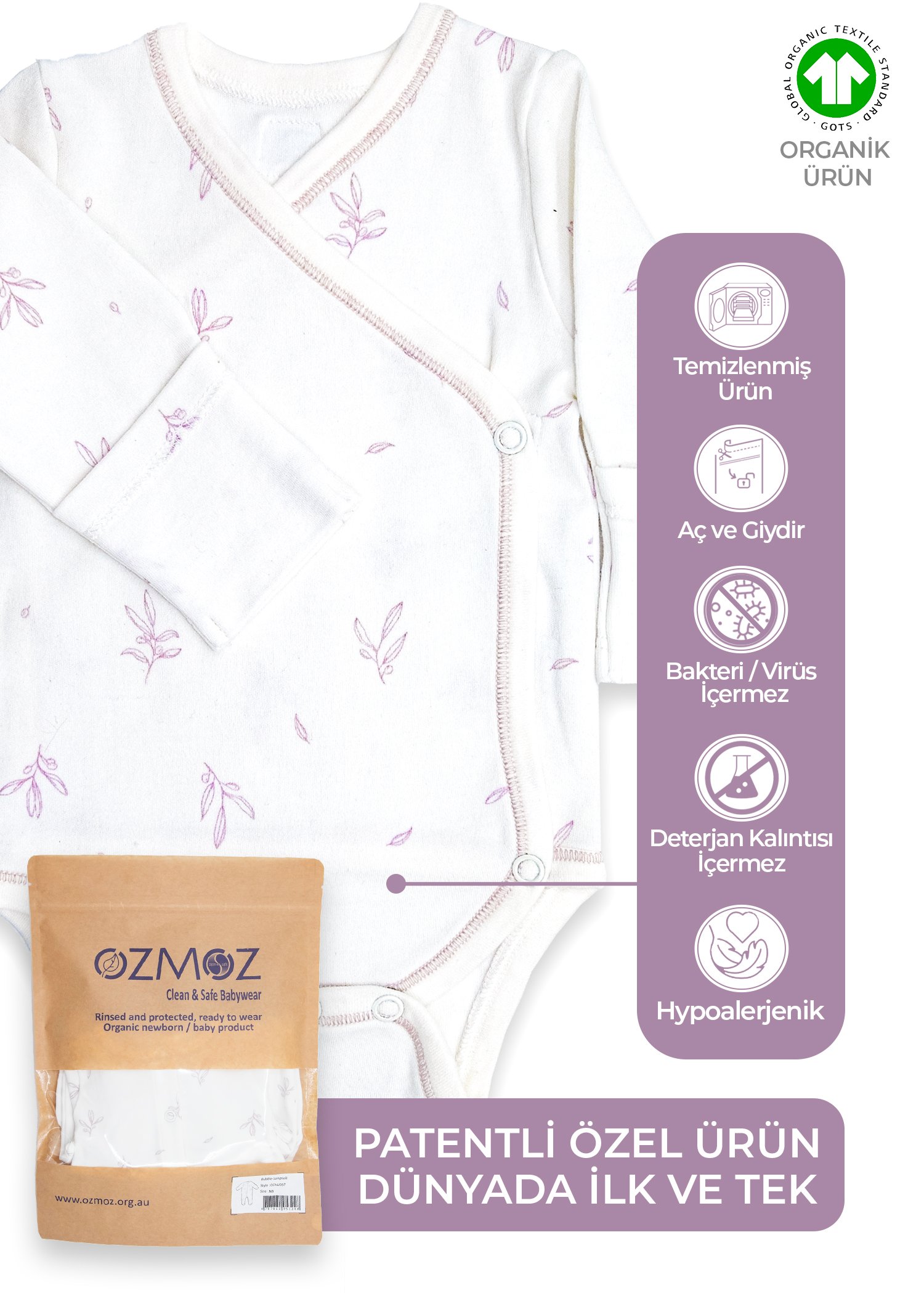 Clean&Safe Organik Steril Temizlenmiş Unisex Bebek Kruvaze Body