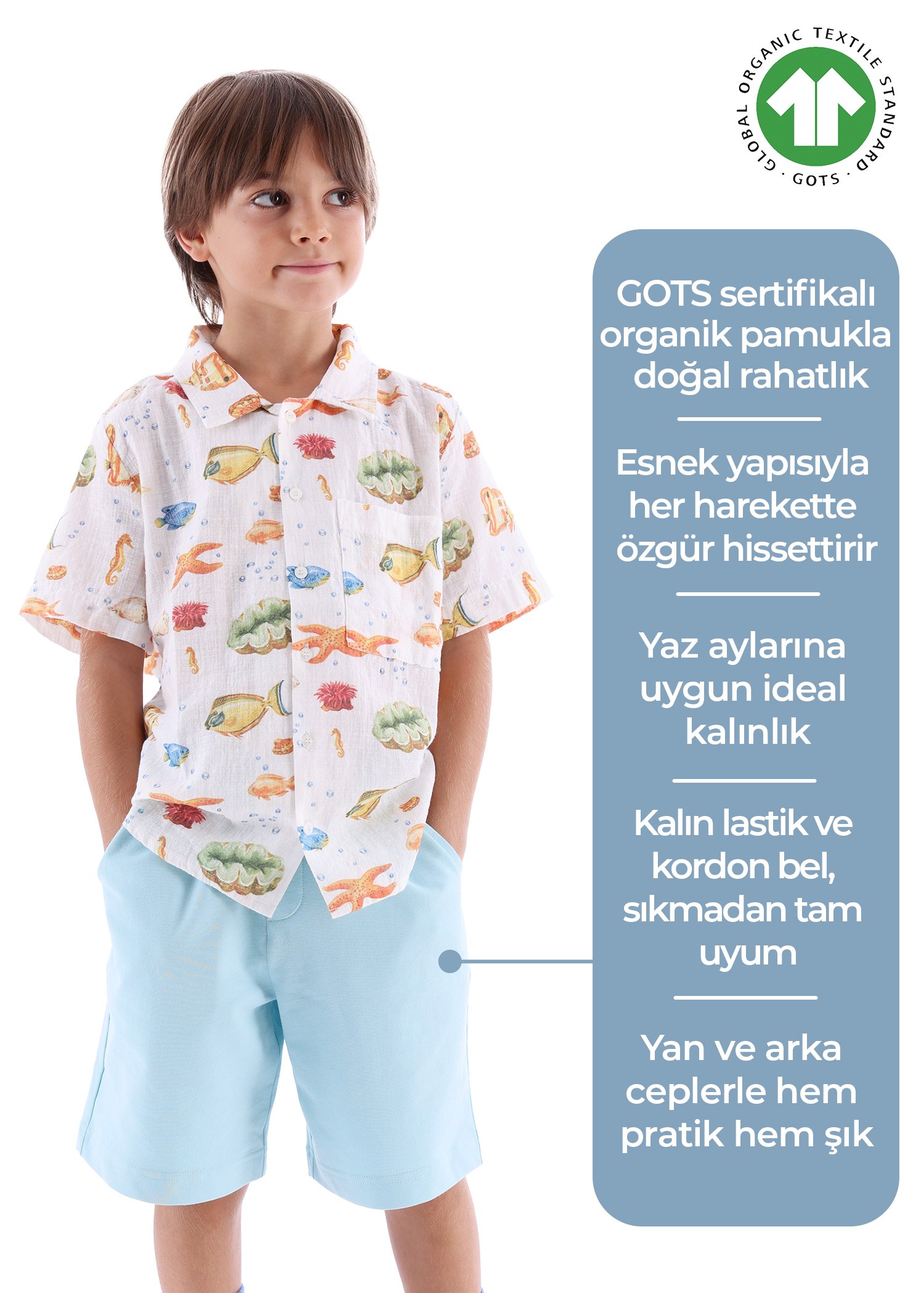Organik Kumaş Mavi Yazlık Erkek Çocuk Şort