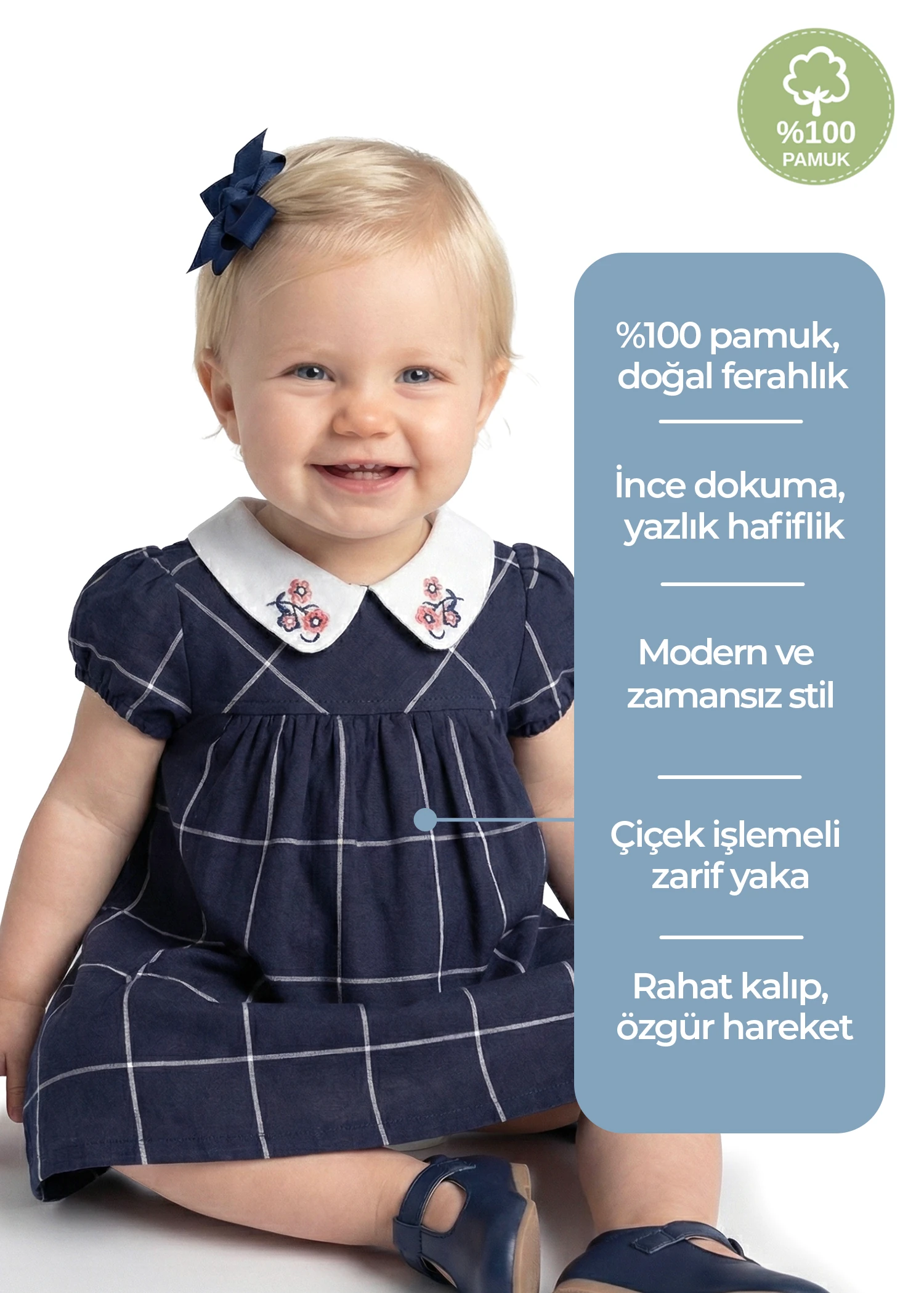 %100 Pamuk Lacivert Nakışlı Yazlık Kız Bebek Elbise