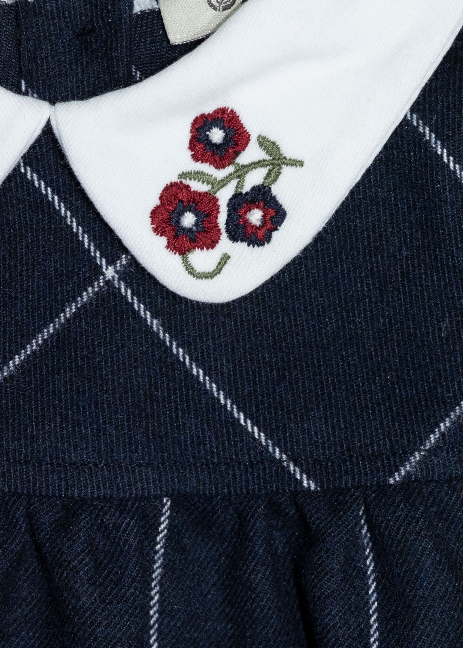 Navy Blue Plaid Winter Baby Girl Dress with Embroidered Collar