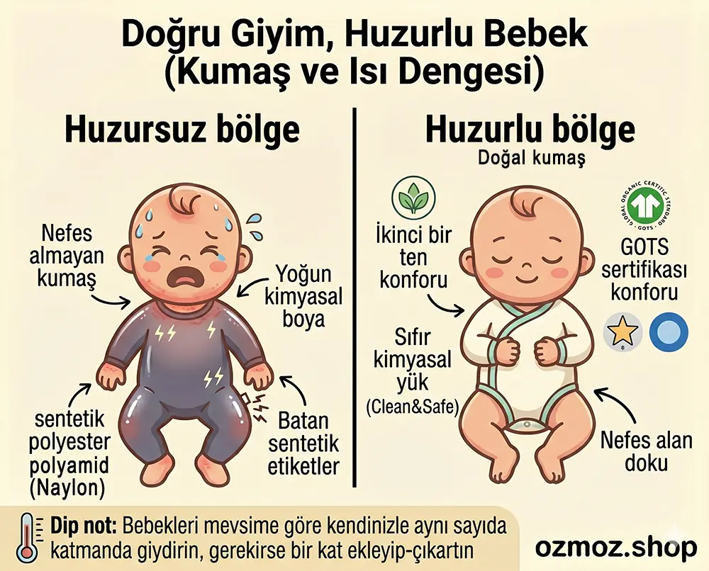 Doğru kumaştan giysiler, bebeğinizi mutlu ve huzurlu tutacaktır.