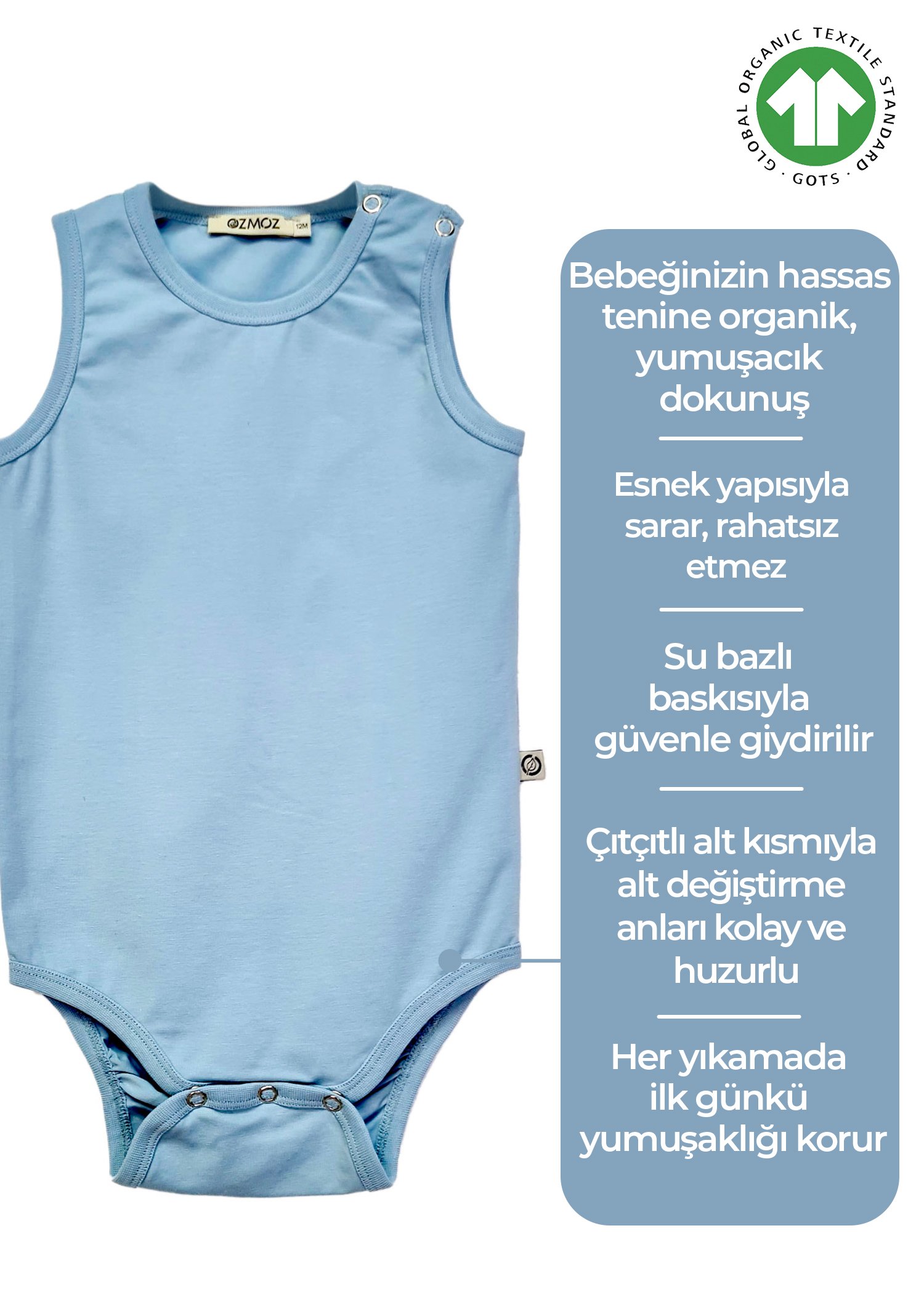 Organik Kolsuz Mavi Unisex Bebek Body