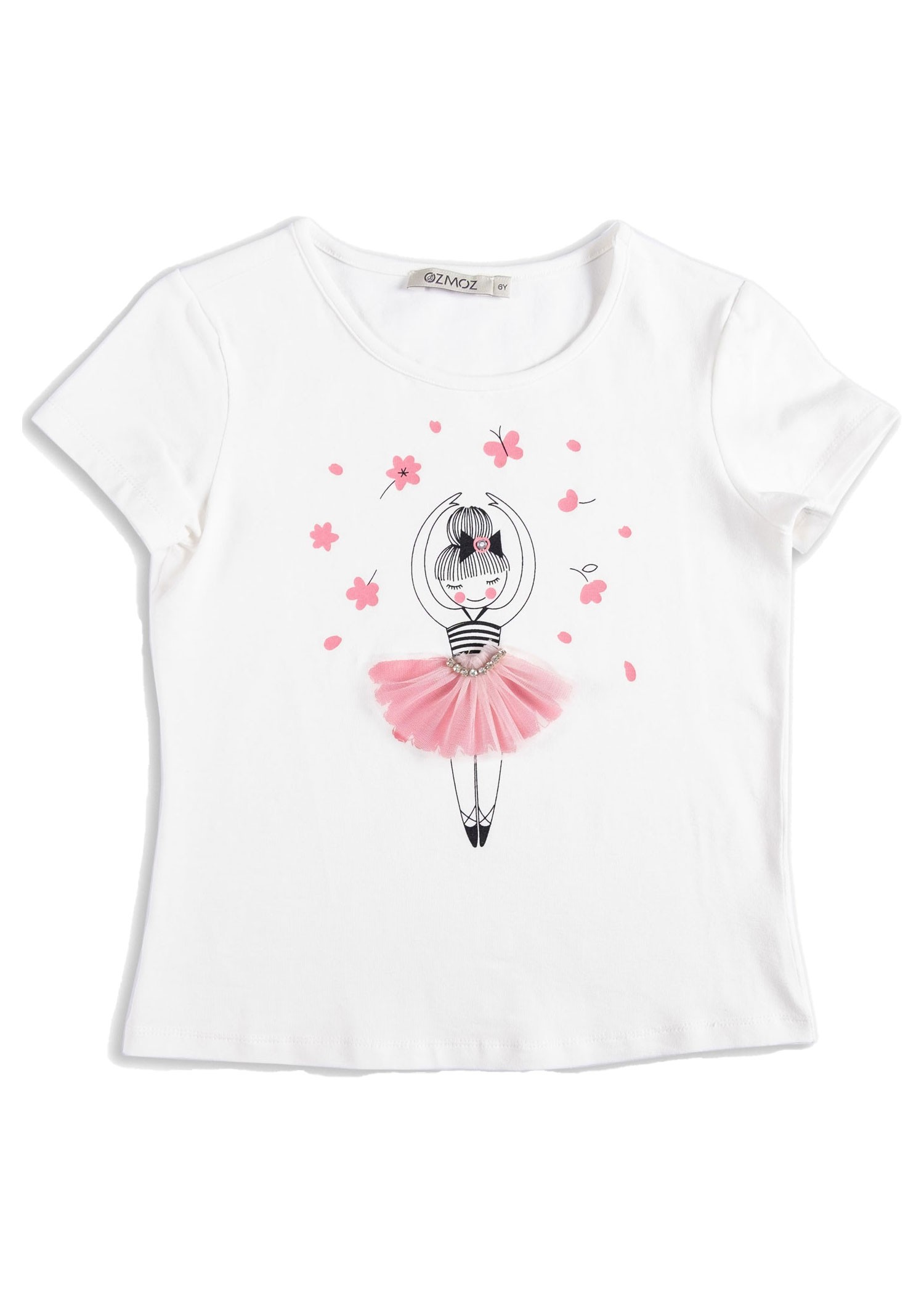 Cotton Stone And Tulle Ballerina Printed White Summer Baby Girl T-Shirt