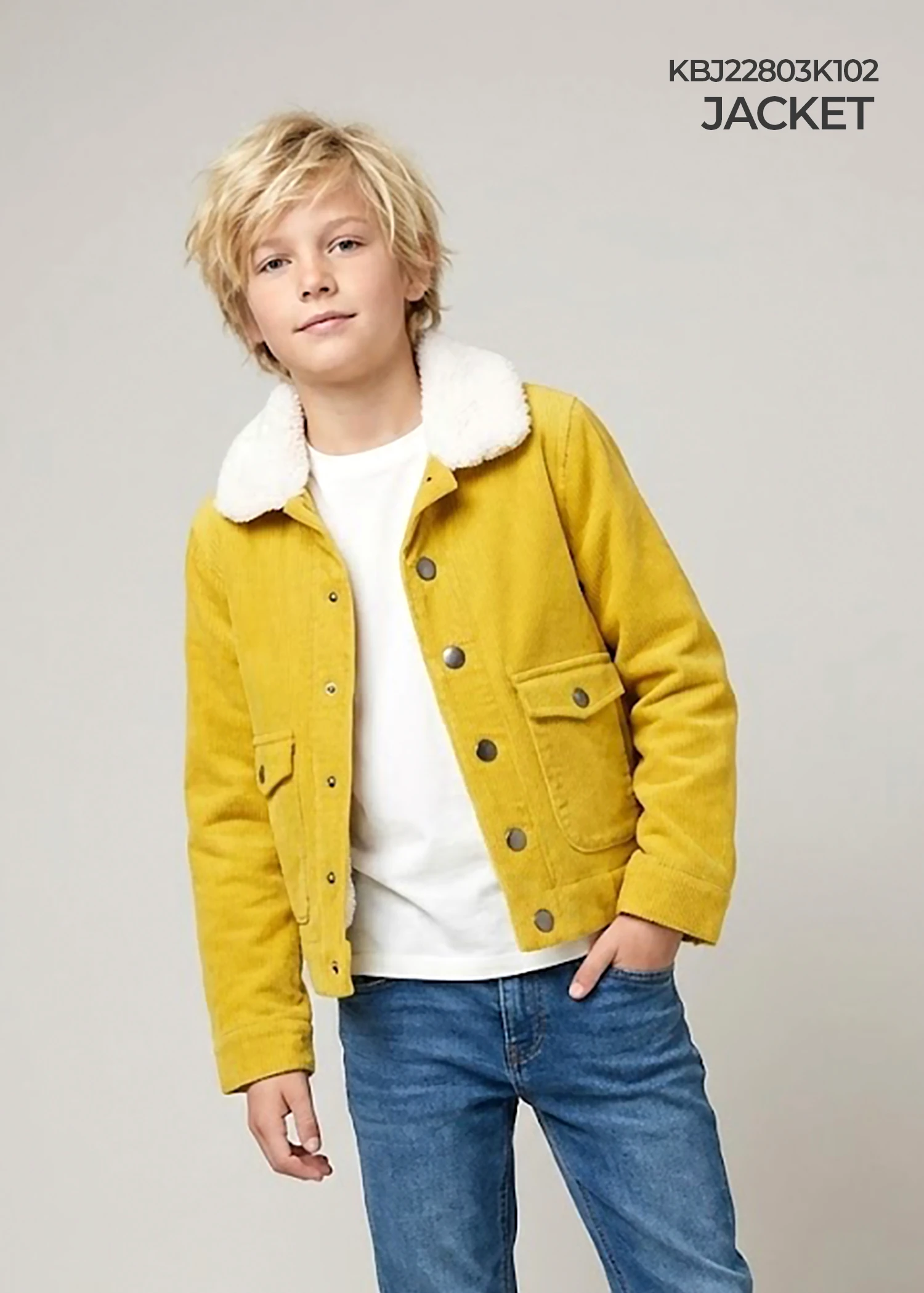 Ribbed Velvet Mustard Yellow Sport-Cut Winter Boys’ Jacket