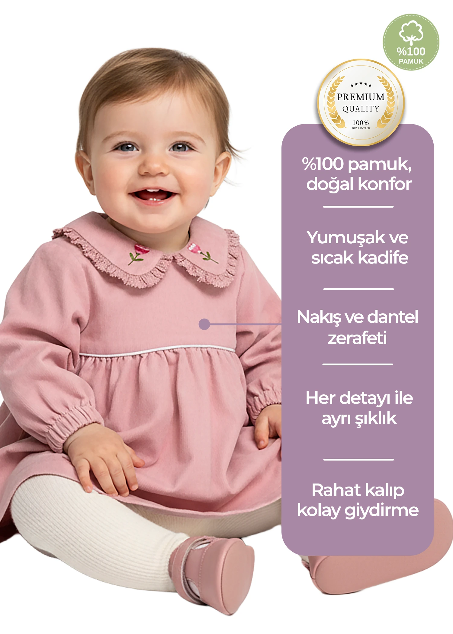 Kadife Nakışlı ve Dantelli Kışlık Kız Bebek Elbise