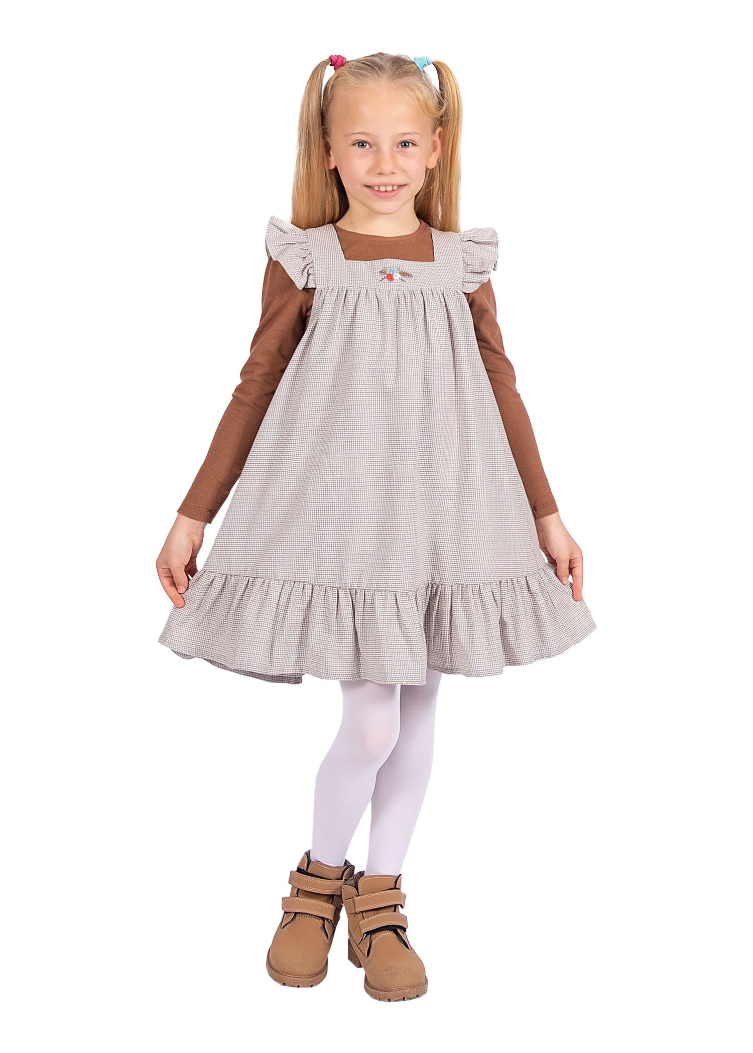 Cotton Gingham Embroidered Ruffled Light Brown Spring Girl's Gilet Dress