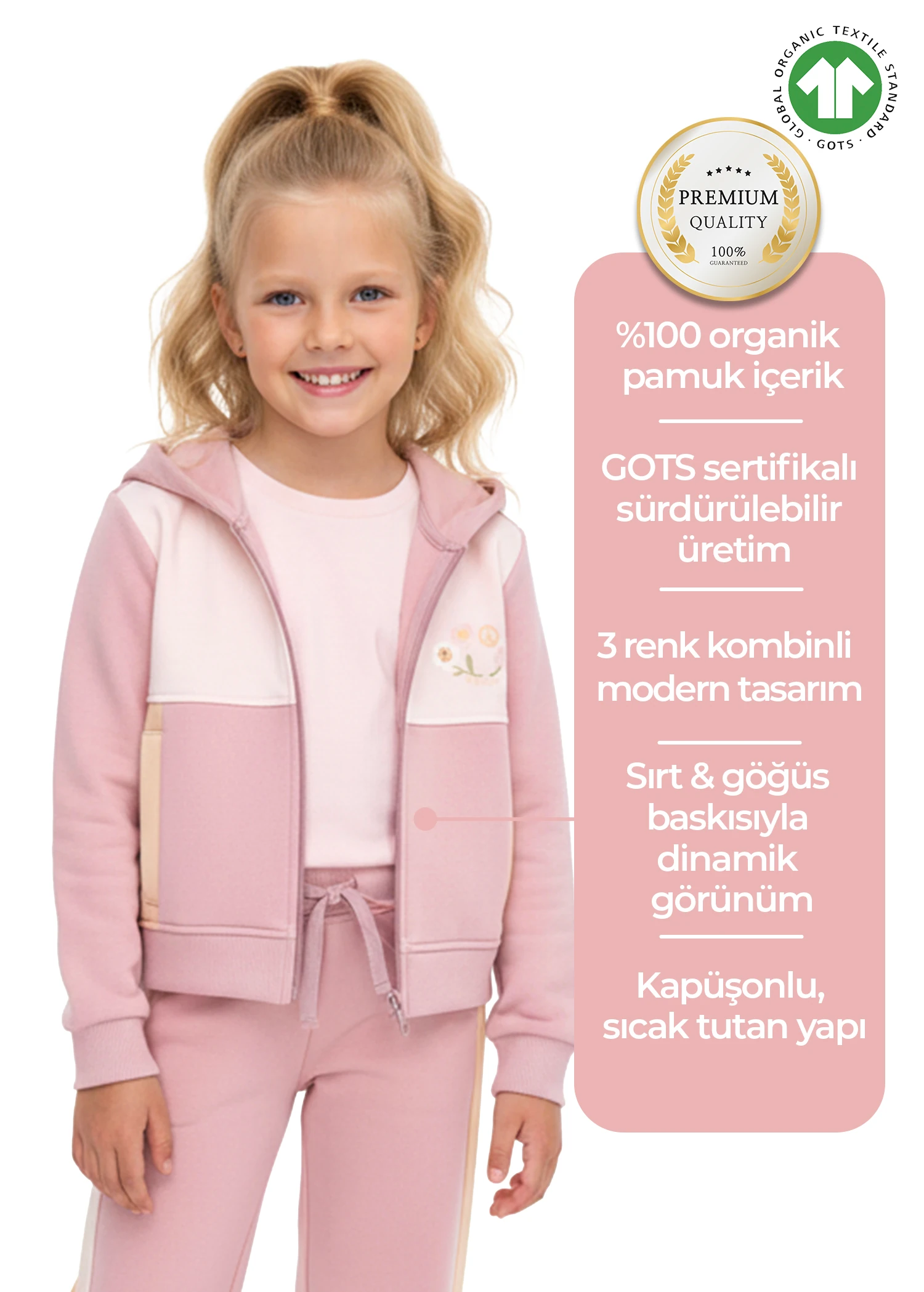 Organik Kapüşonlu Baskılı Pembe Kışlık Kız Çocuk Ceket