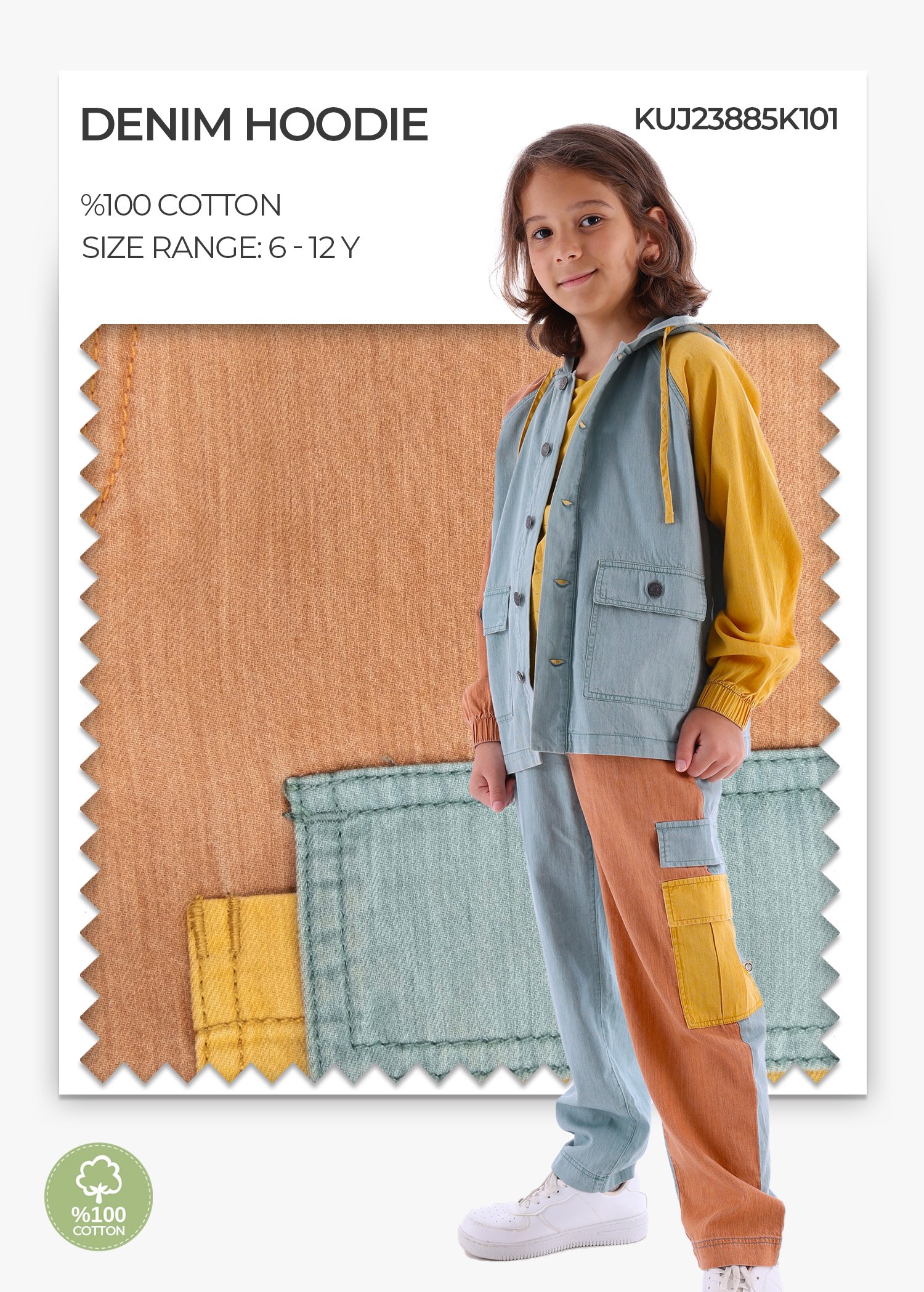 100% Cotton Hooded Colorful Denim Unisex Jacket