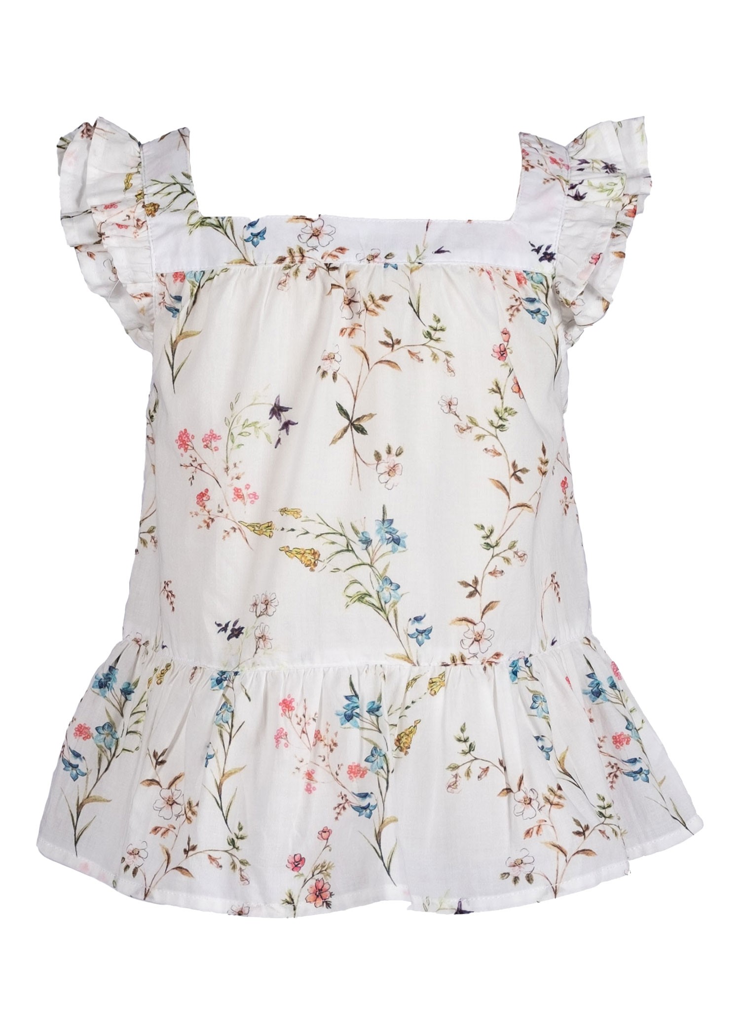 Floral Patterned Frilled Ecru Summer Little Girl's Blouse