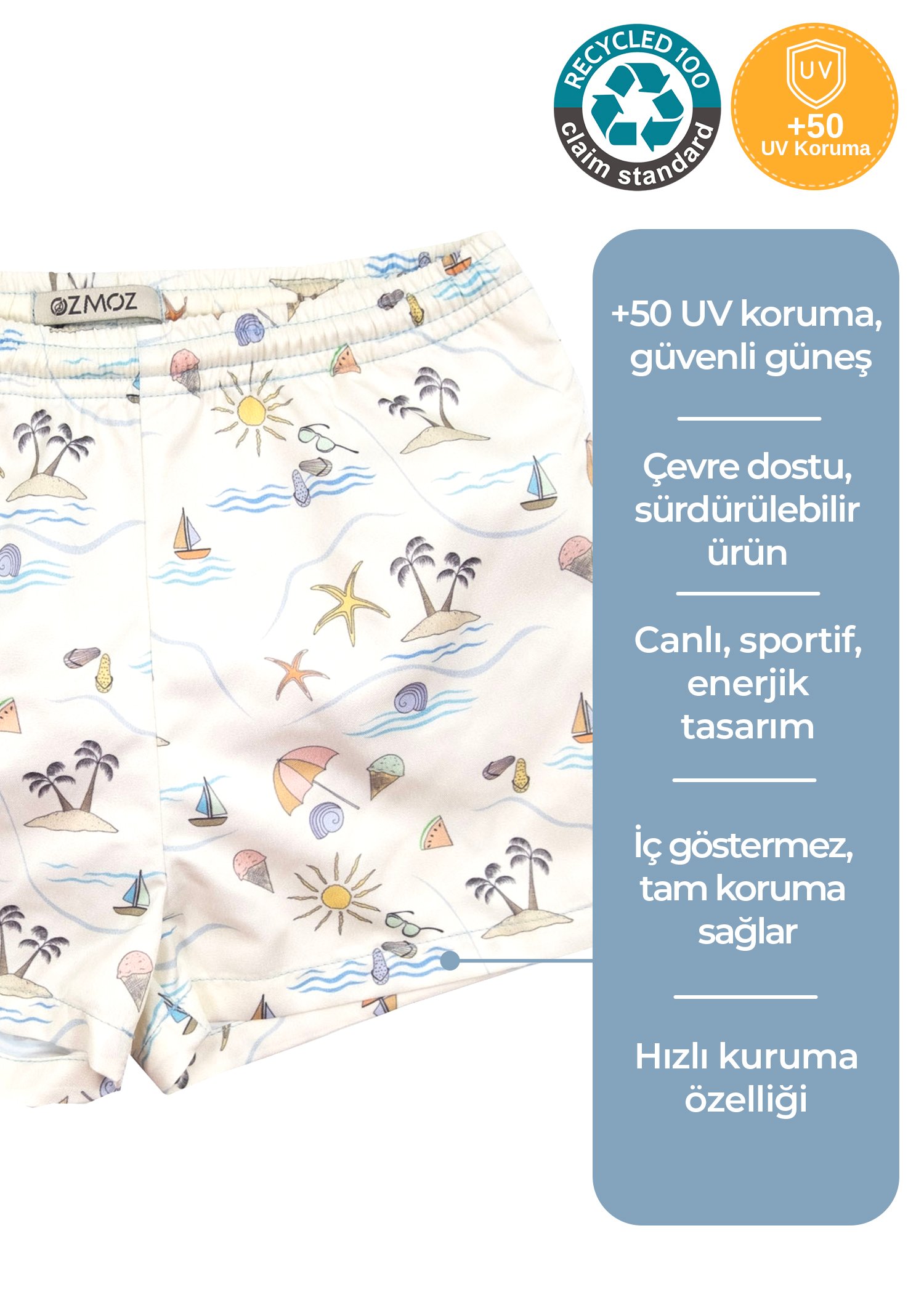Deniz Temalı Beyaz Recycle Erkek Çocuk Şort Mayo