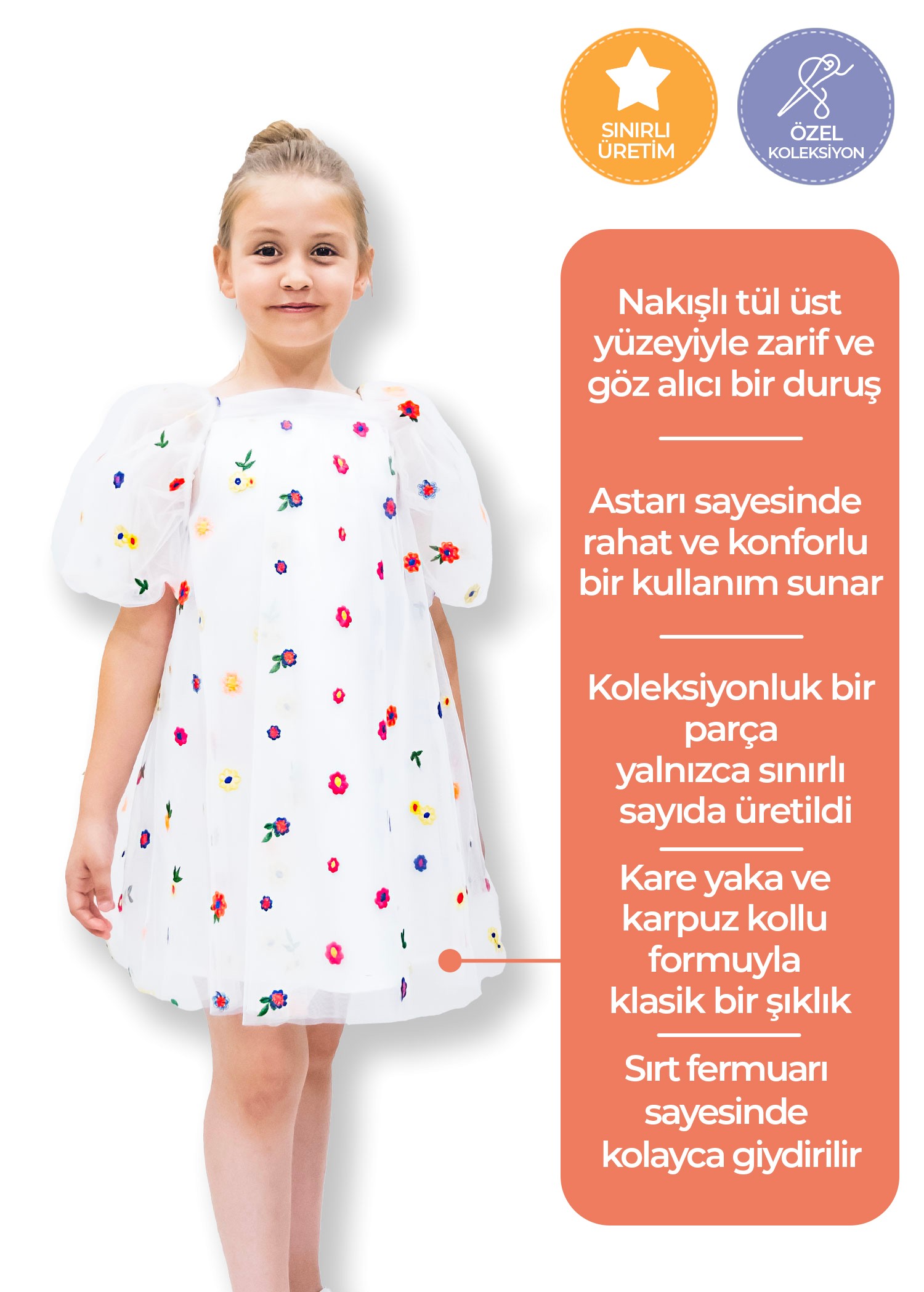 Tül Çiçek Nakışlı Beyaz Kız Çocuk Abiye Elbise