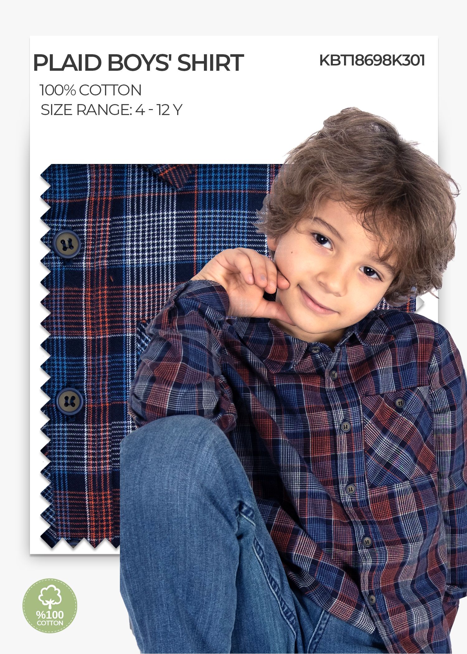 100% Cotton Plaid Navy Blue Winter Boys' Shirt