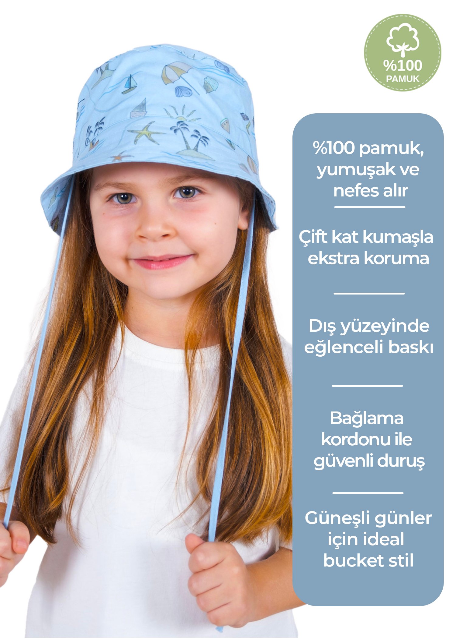%100 Pamuk Deniz Temalı Mavi Yazlık Unisex Çocuk Bucket Şapka