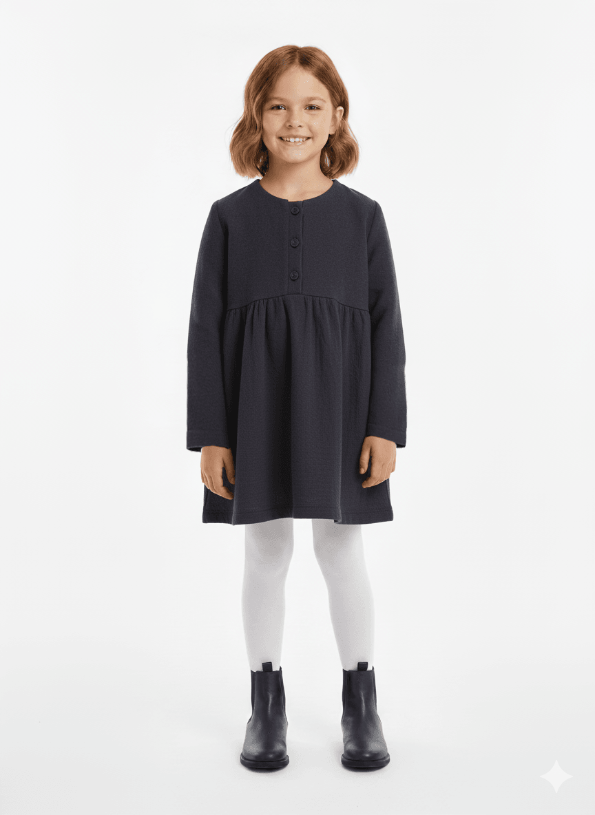 Organik Müslin Antrasit Baharlık Kız Çocuk Elbise