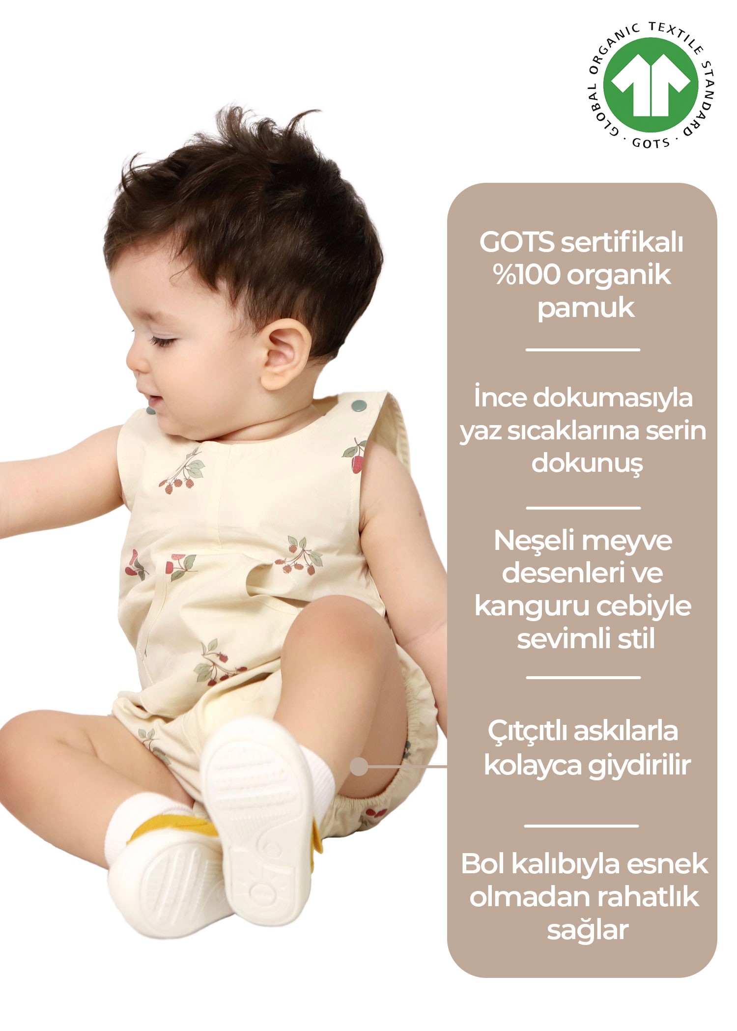 Organik Meyve Baskılı Krem Yazlık Erkek Bebek Tulum