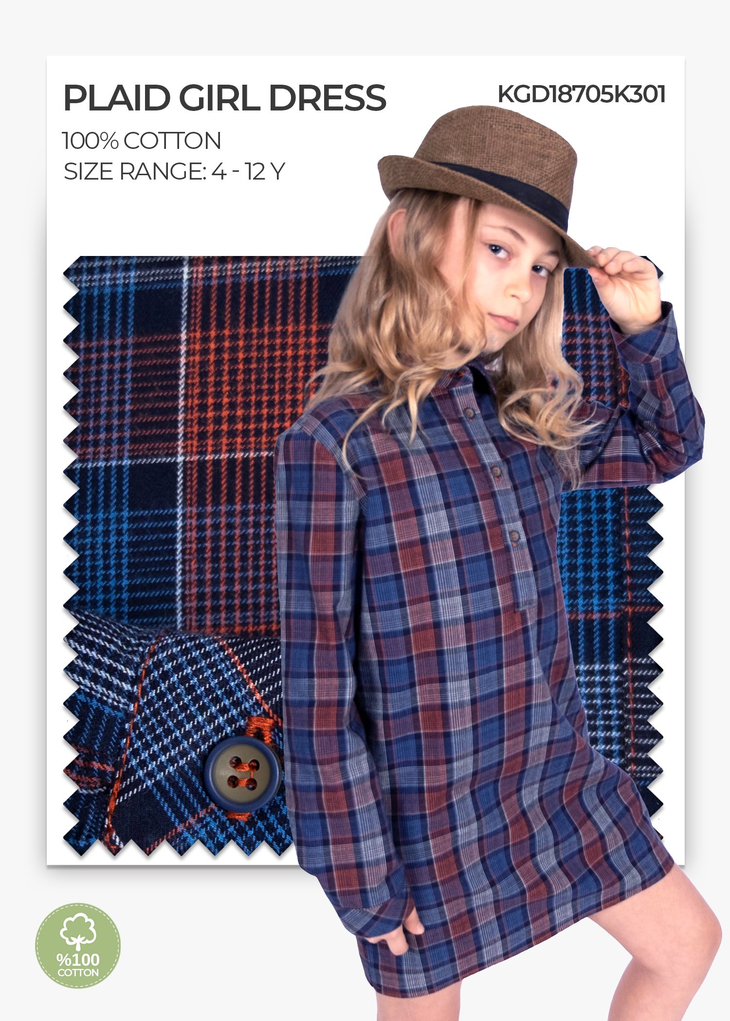100% Cotton Plaid Navy Blue Winter Girls Shirt Dress