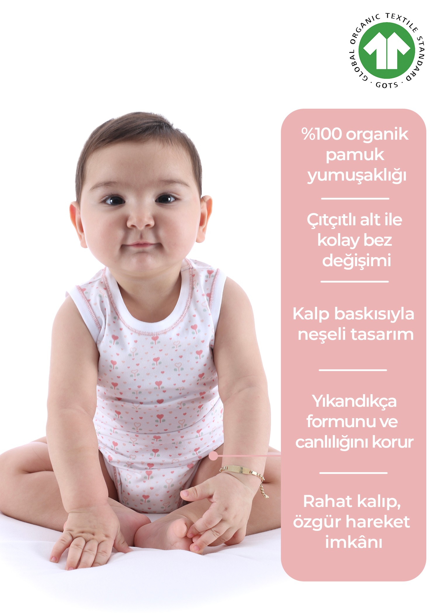 Organik Kalp Desenli Kolsuz Kız Bebek Atlet Body