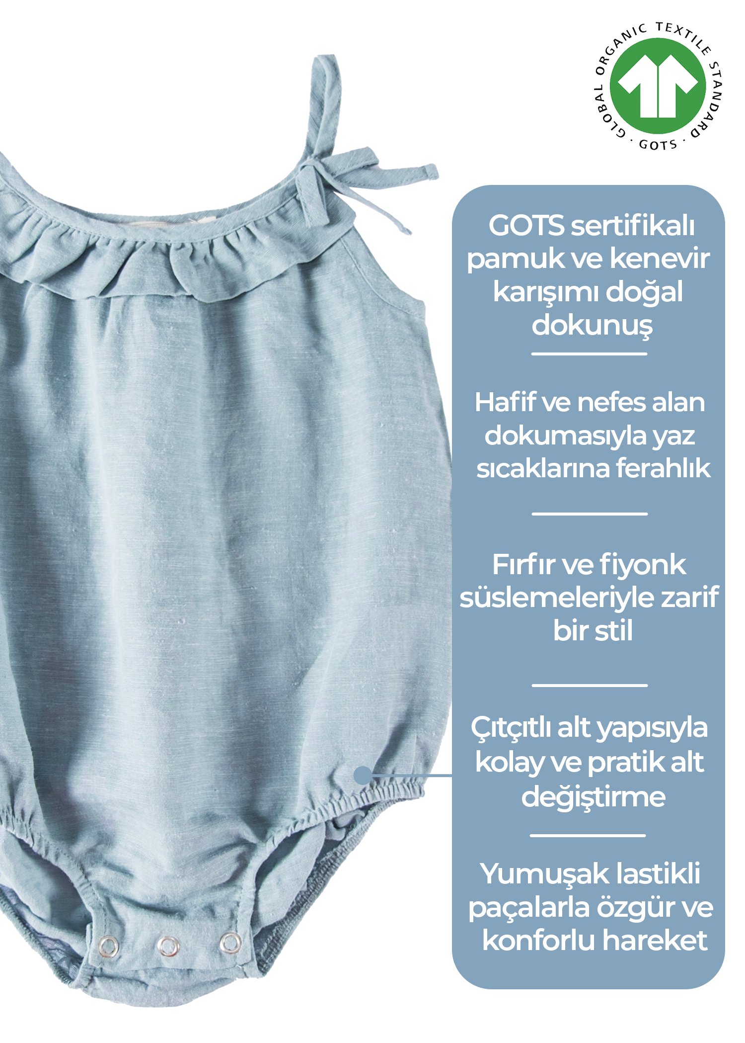 Organik Askılı Çelik Mavi Yazlık Kız Bebek Askılı Tulum