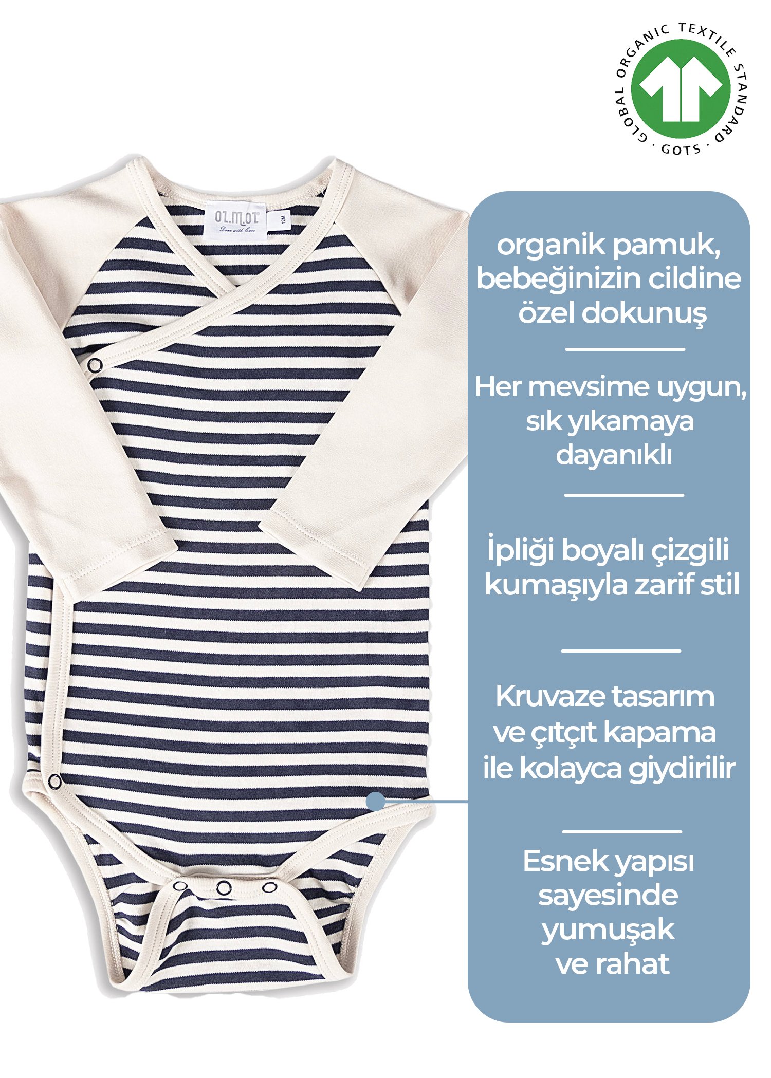 Organik Kruvaze Çizgili Erkek Bebek Body