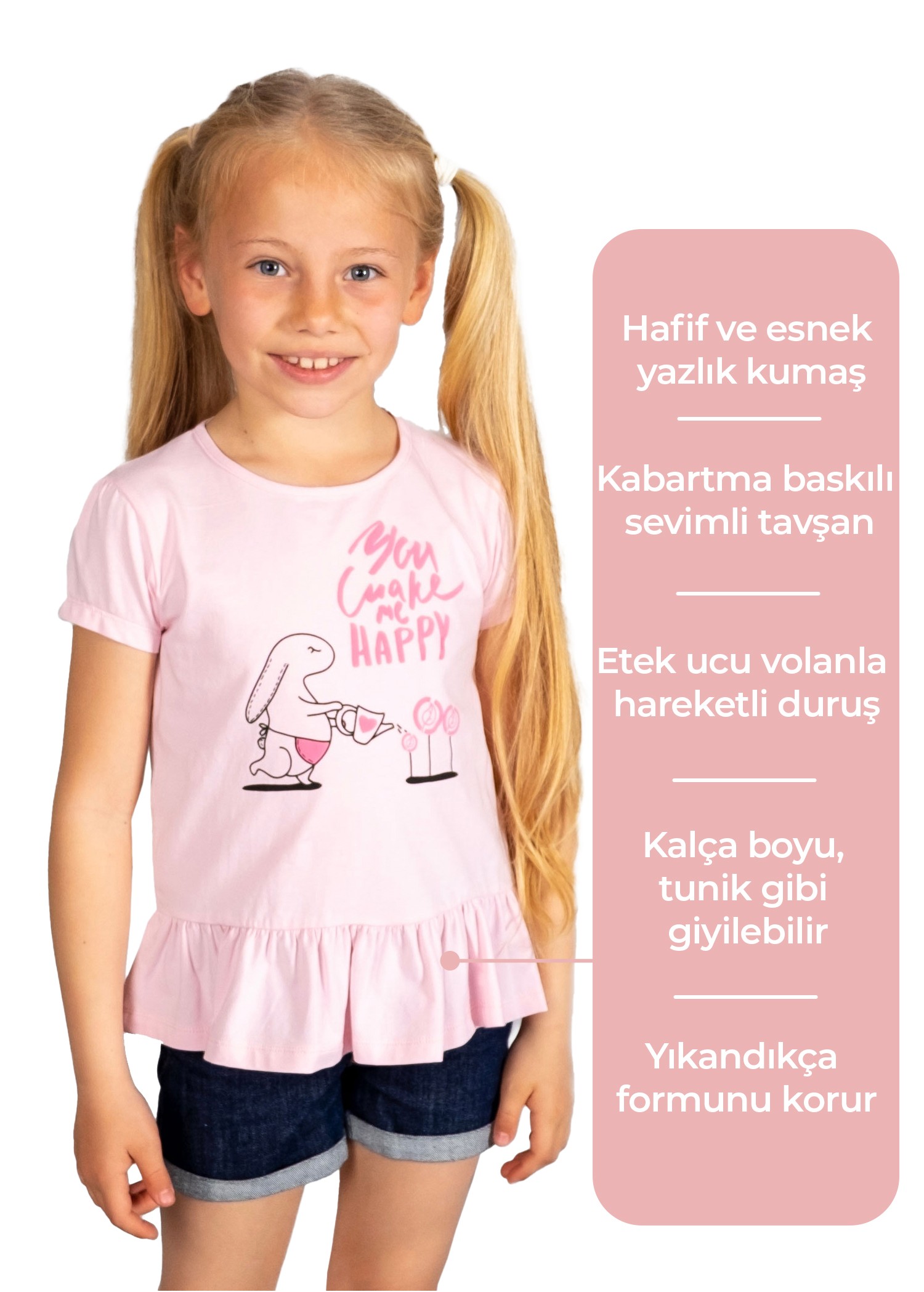 Kabartma Baskılı Pembe Yazlık Kız Çocuk Tunik Tshirt