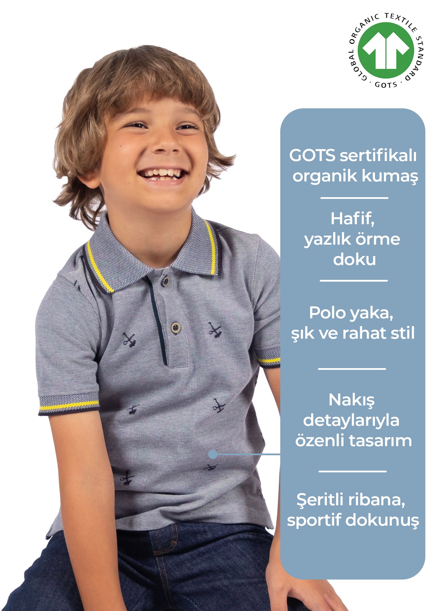 Organik Nakışlı Mavi Yazlık Erkek Çocuk Tshirt