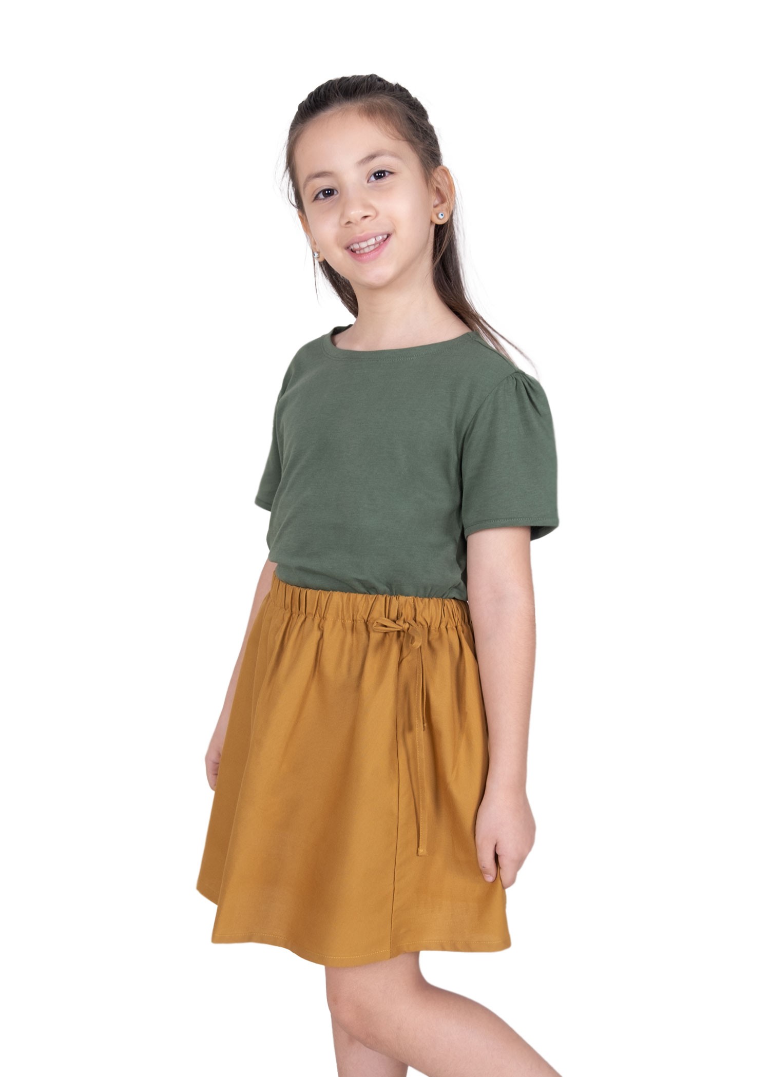 100% Cotton Elastic Waist Lined Light Brown Girl's Flared Skirt