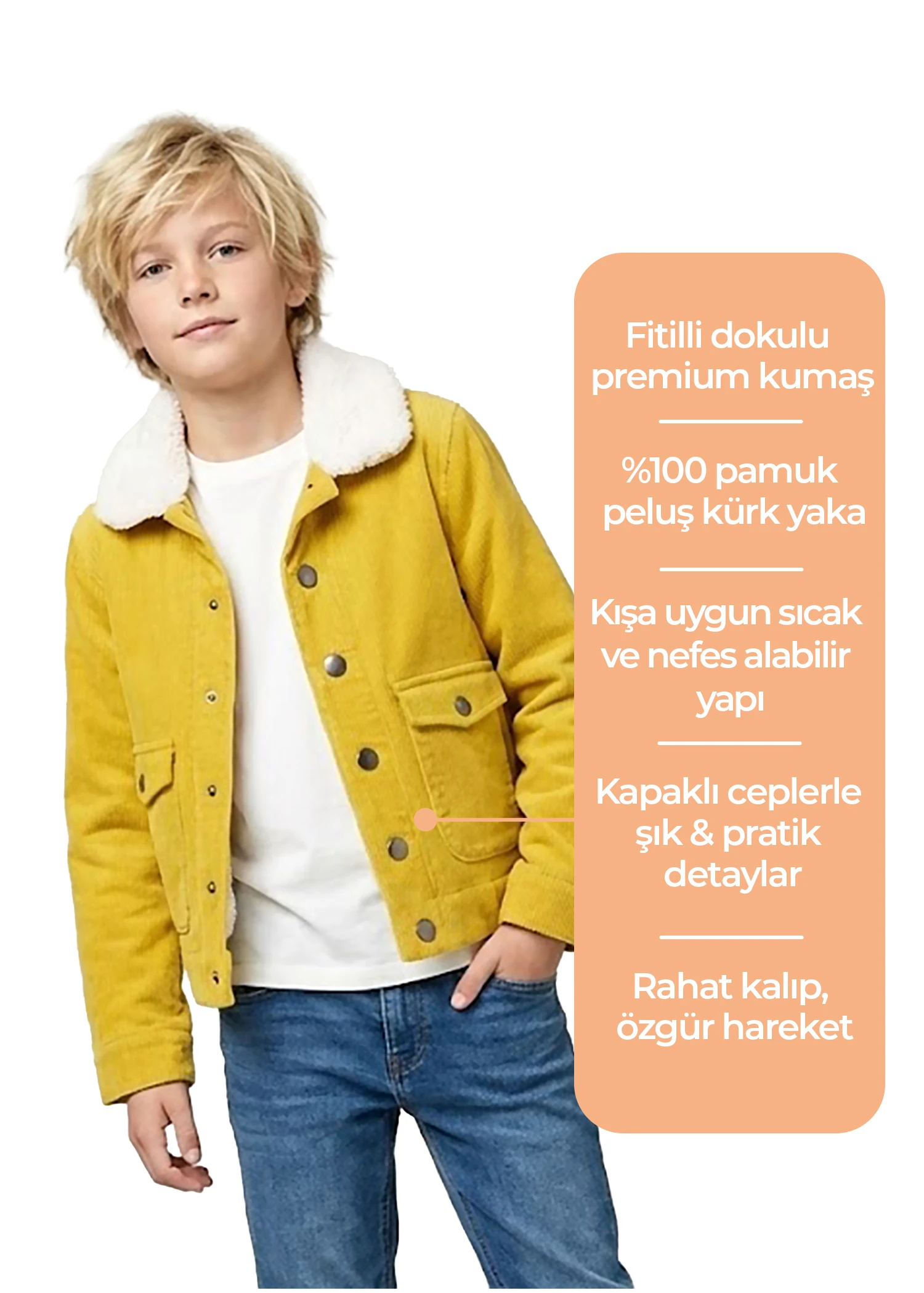 Fitilli Kadife Hardal Sarısı Spor Kesim Kışlık Erkek Çocuk Ceket