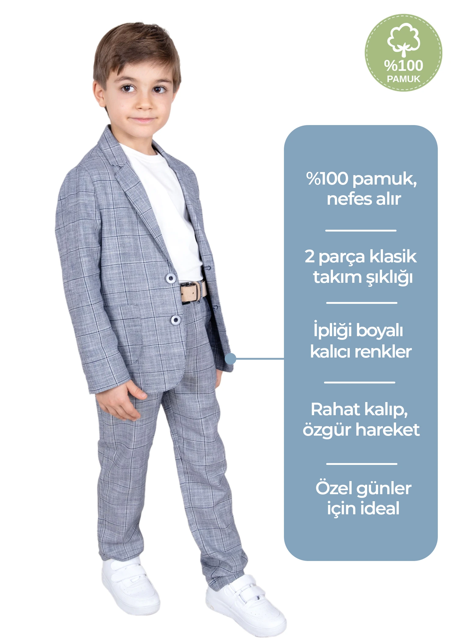 %100 Pamuk Mavi Baharlık Klasik Erkek Çocuk Pantolon Ceket Takım