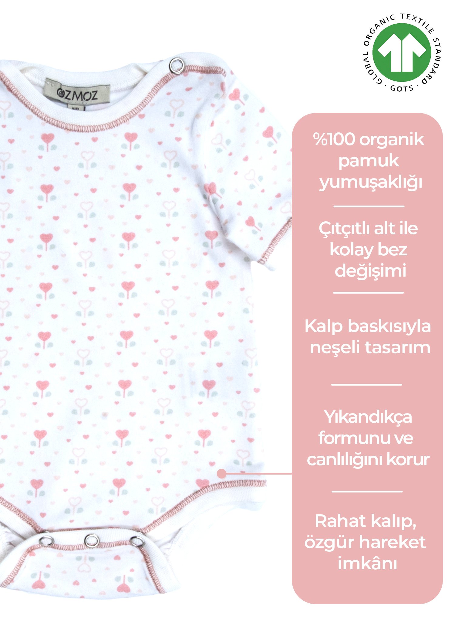 Organik Kalp Desenli Kısa Kollu Kız Bebek Body