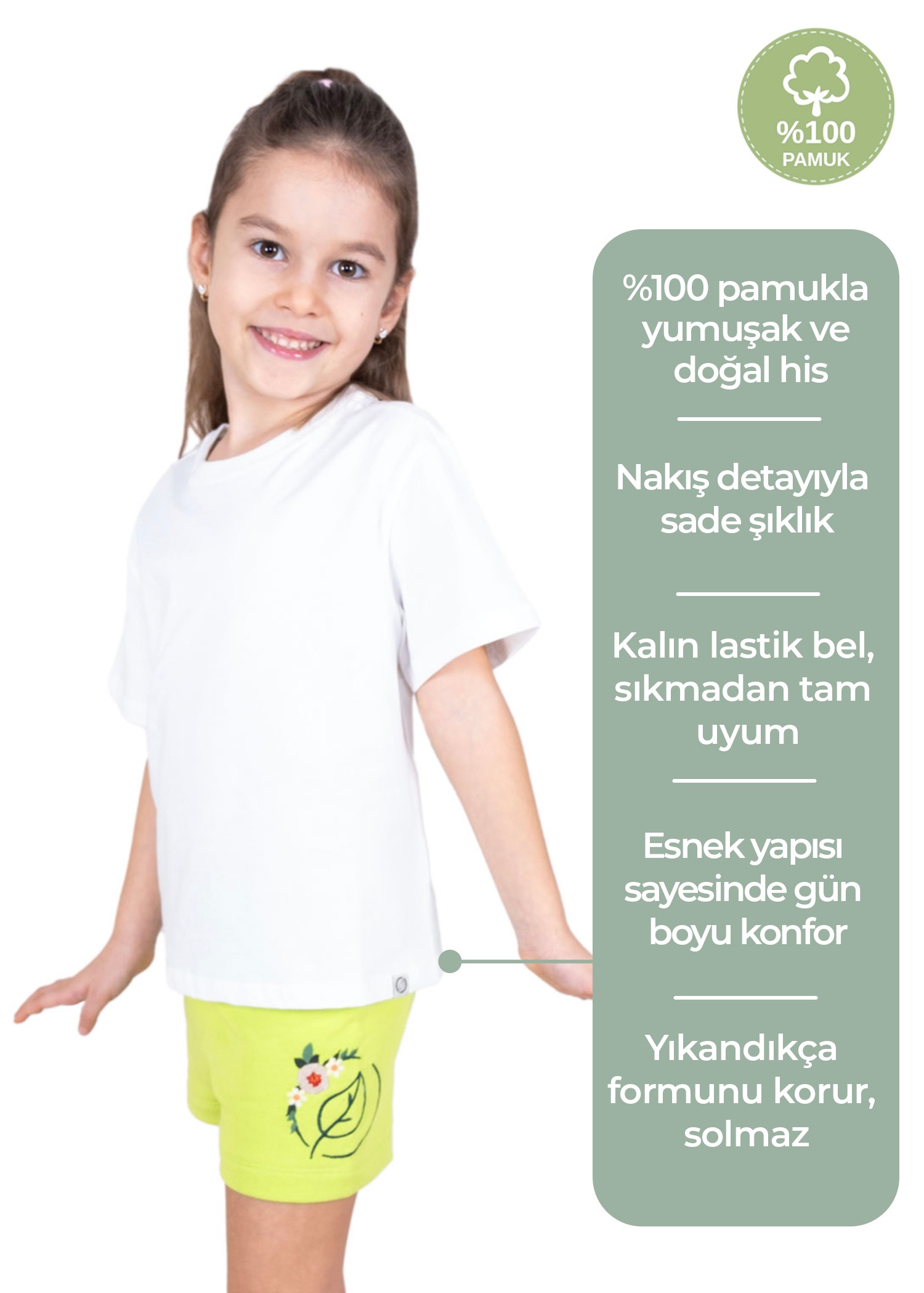 %100 Pamuk Nakış İşlemeli Yazlık Yeşil Kız Çocuk Şort